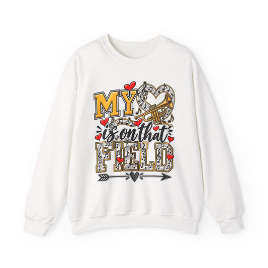 White sweatshirt with heart and trumpet marching-band graphic on the front