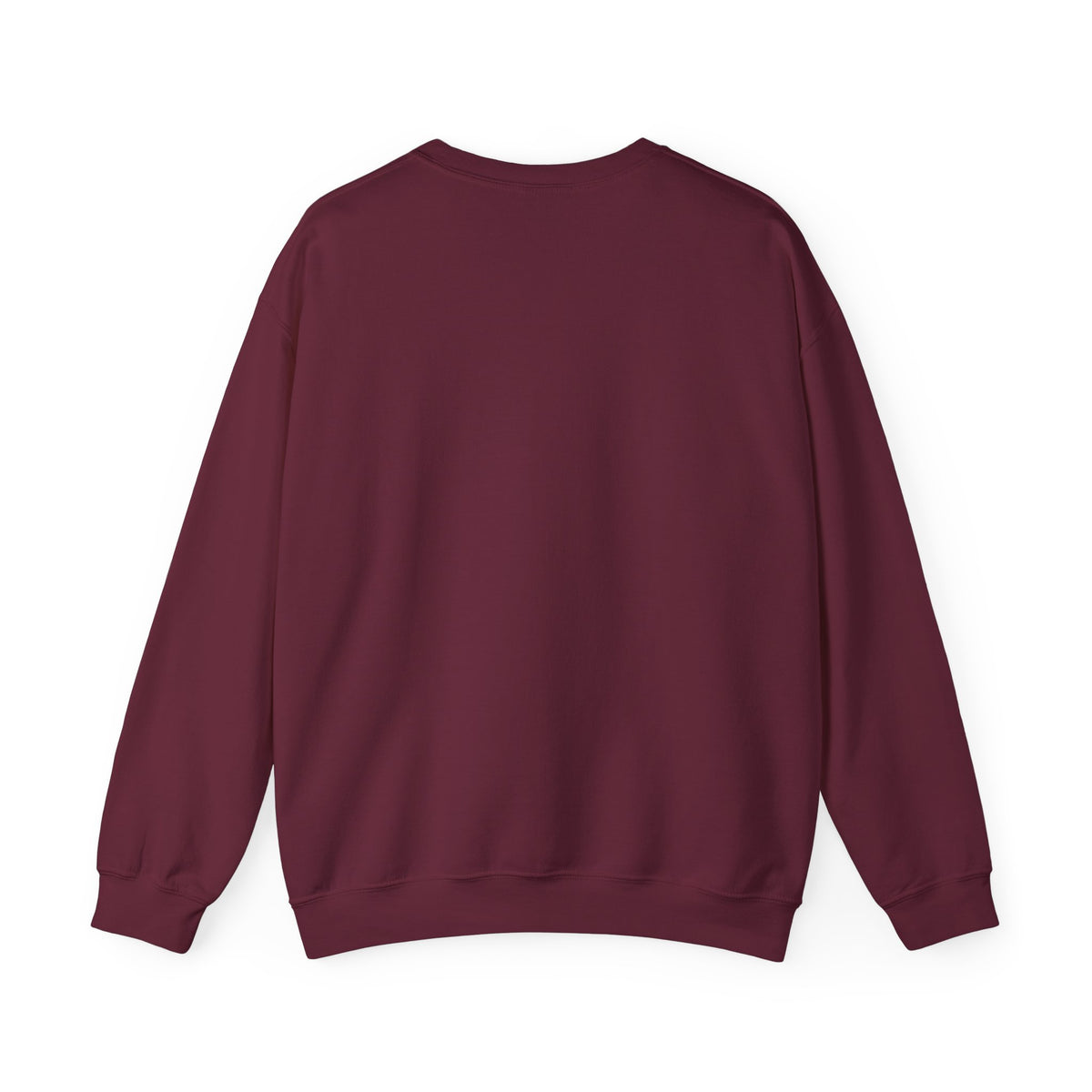 Maroon crewneck sweatshirt, plain back view with ribbed neckline and long sleeves