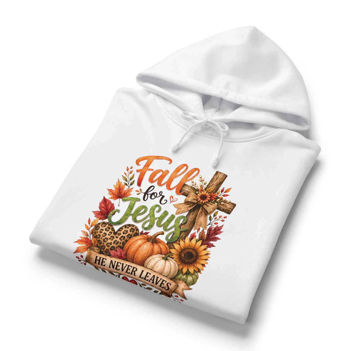 White hoodie with angled front print of fall foliage, cross, and sunflowers
