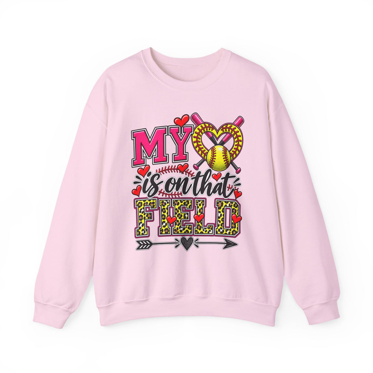 Light pink crewneck sweatshirt with colorful “My Heart” softball graphic on front