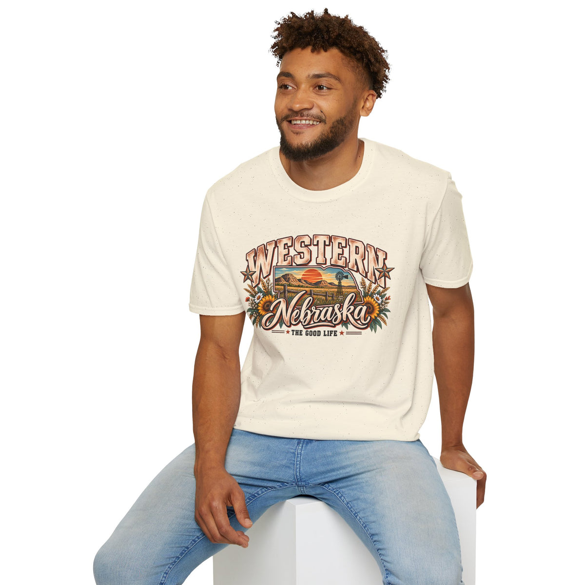 Natural T-shirt worn by model, featuring Western Nebraska vintage front graphic