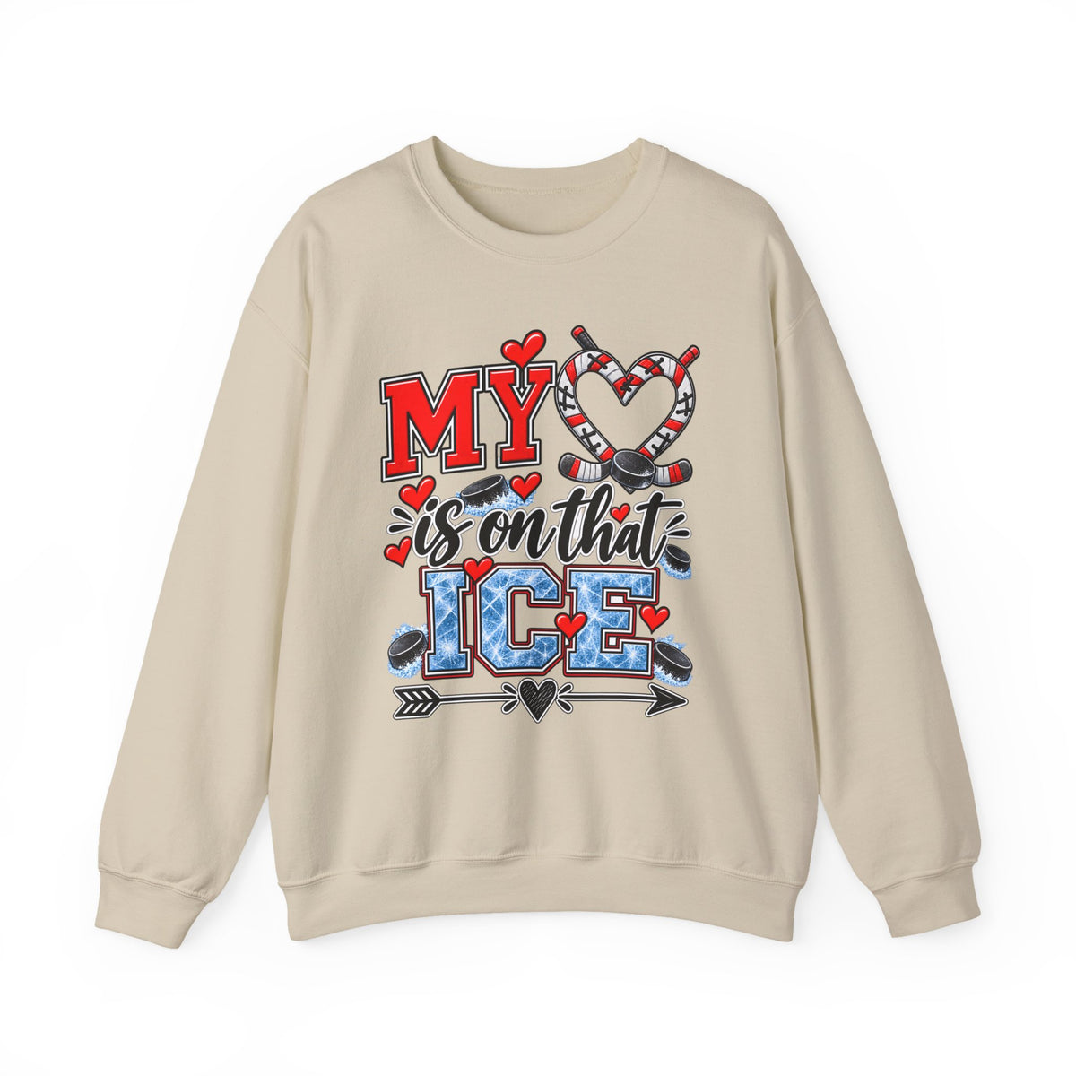 Sand sweatshirt with red heart ice skate graphic on the front