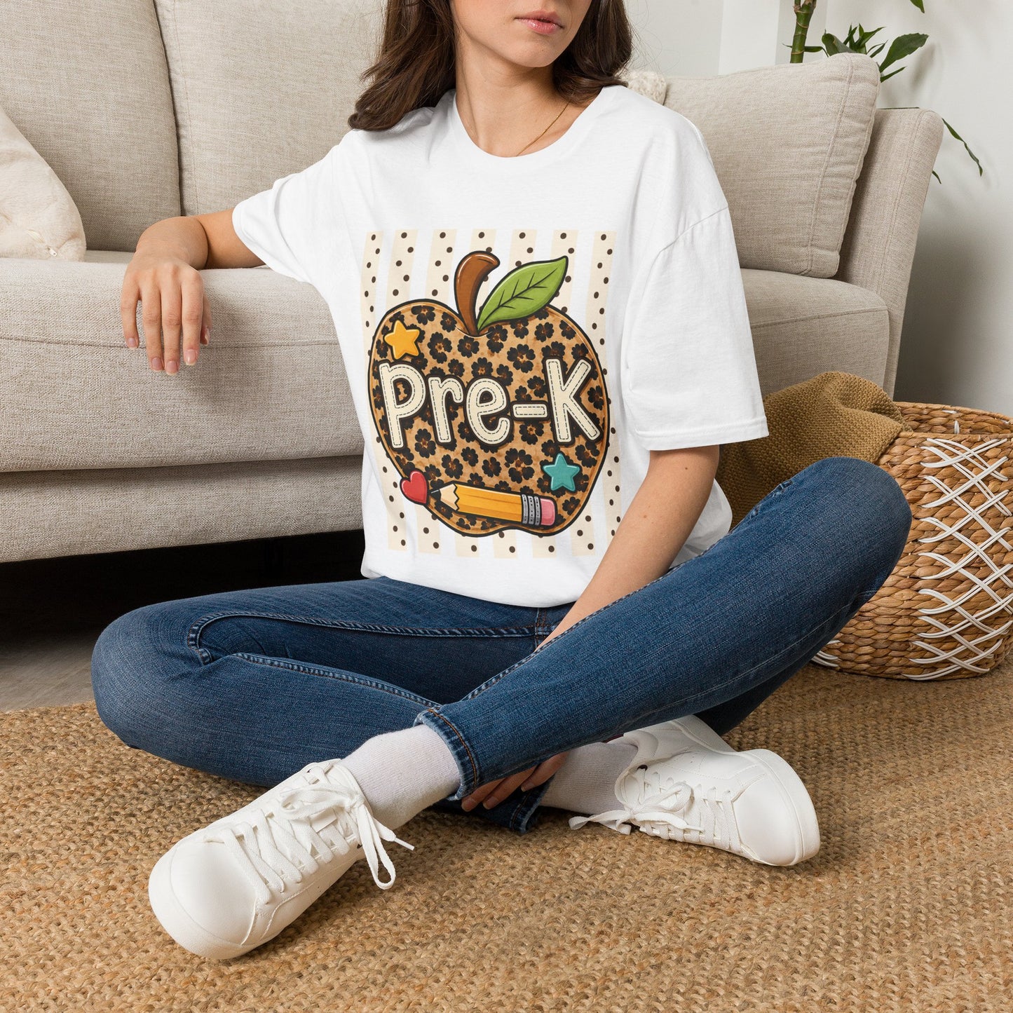 White preschool T-shirt with leopard-print apple “Pre-K” graphic, worn sitting