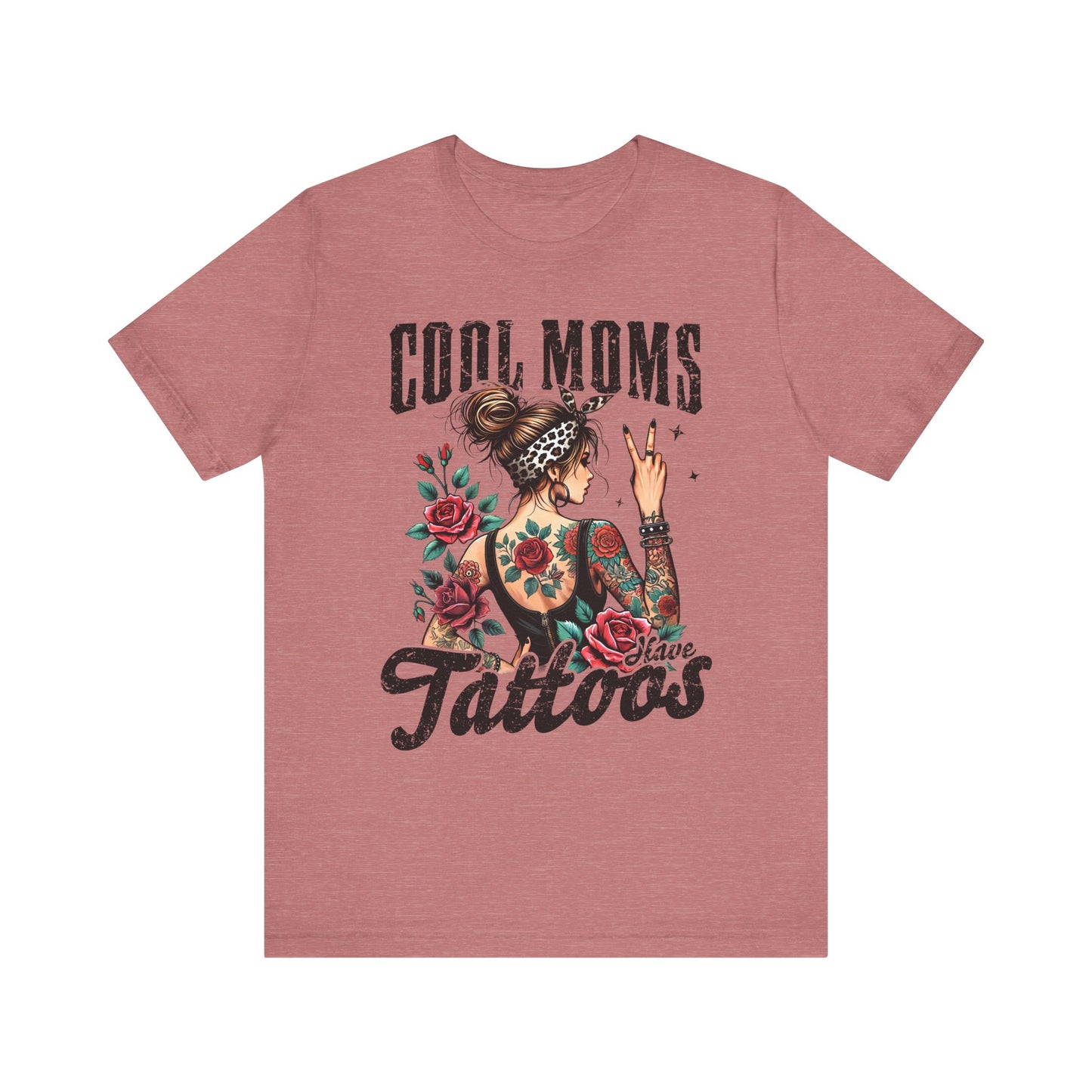 Rose red unisex short sleeve jersey tee with front “Cool Moms Tattoos” graphic