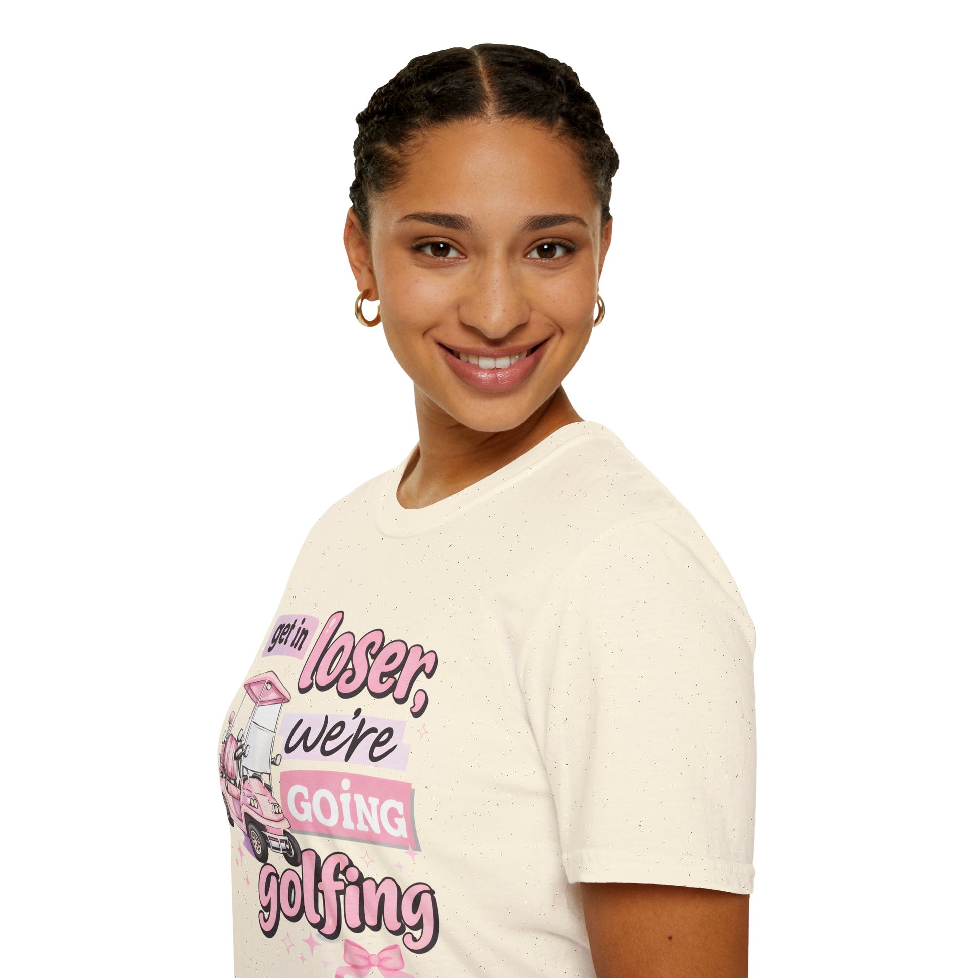 Cream short-sleeve T-shirt with pink golf cart “we’re going golfing” graphic