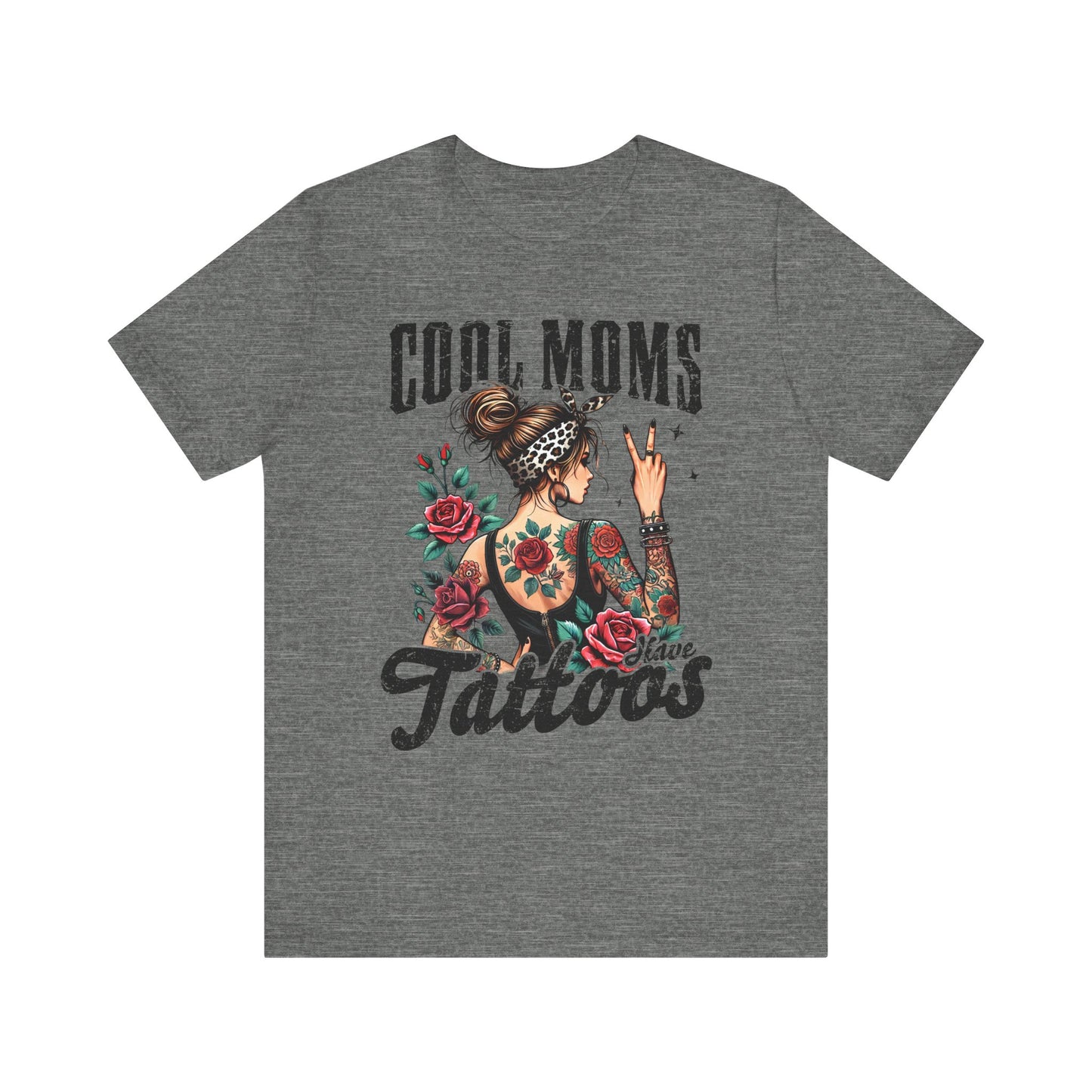 Dark gray unisex short sleeve jersey tee with front “Cool Moms Tattoos” graphic
