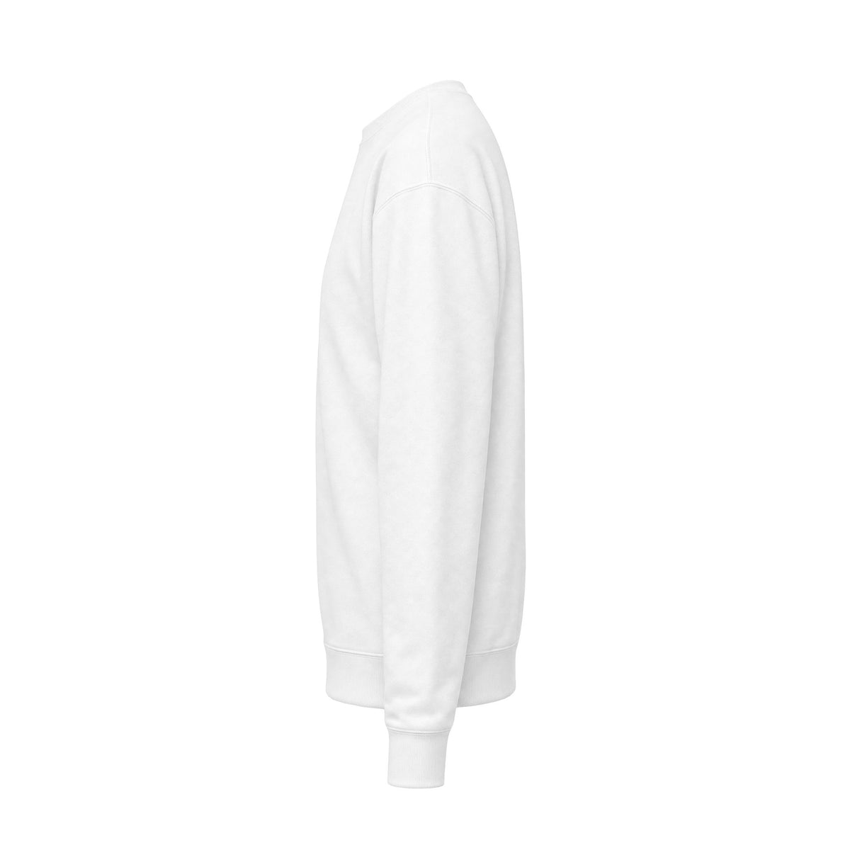 White crewneck sweatshirt side view, no front graphic visible