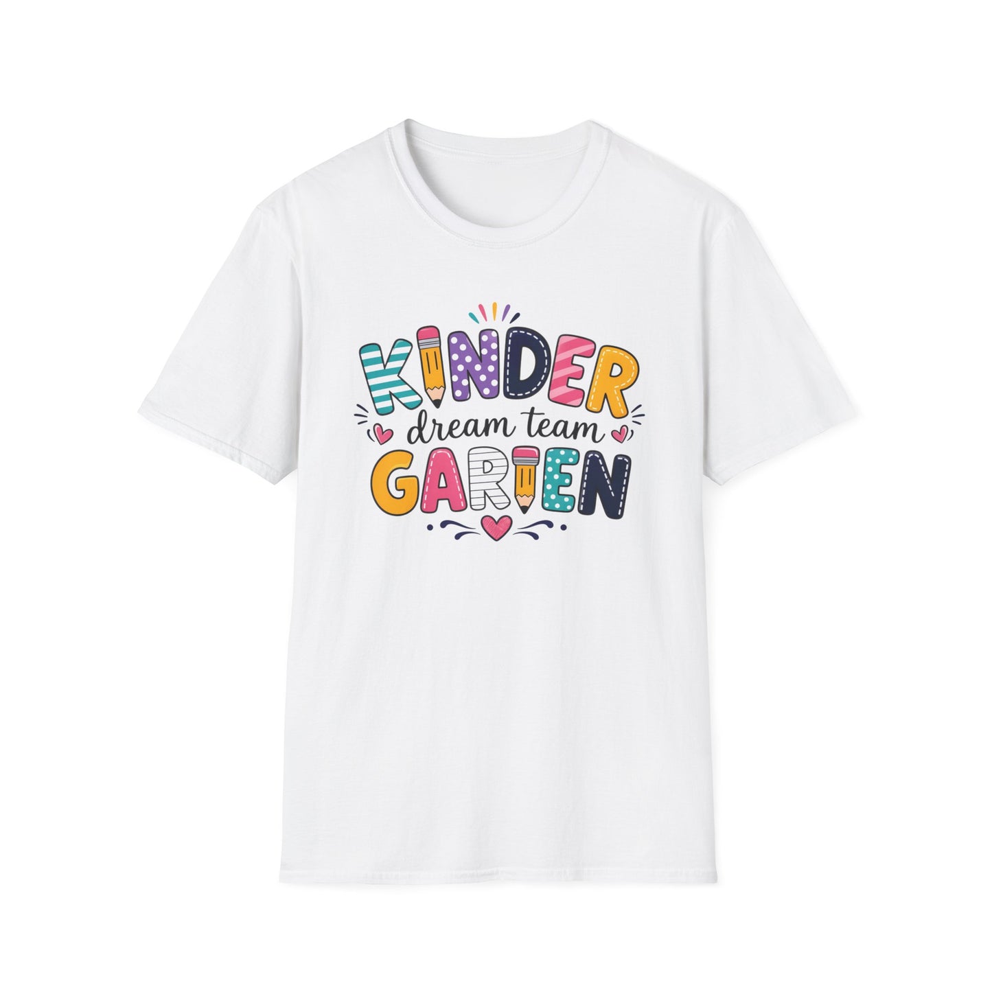 White kids graphic T-shirt, round neck and short sleeves, colorful "KINDER" front print