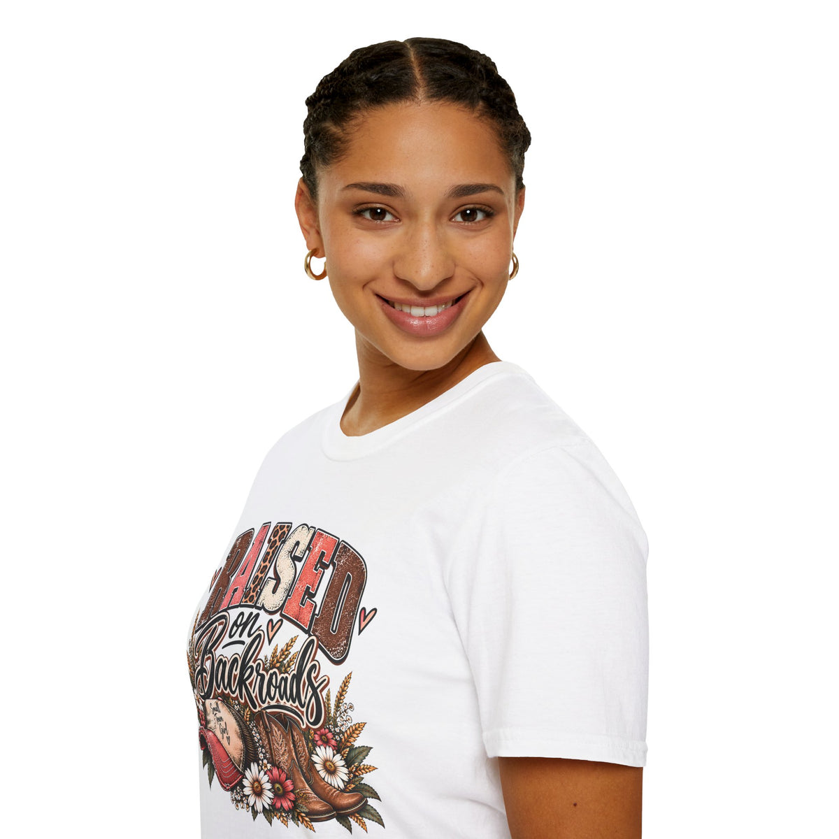 White crewneck T-shirt with side country truck and daisy graphic on model