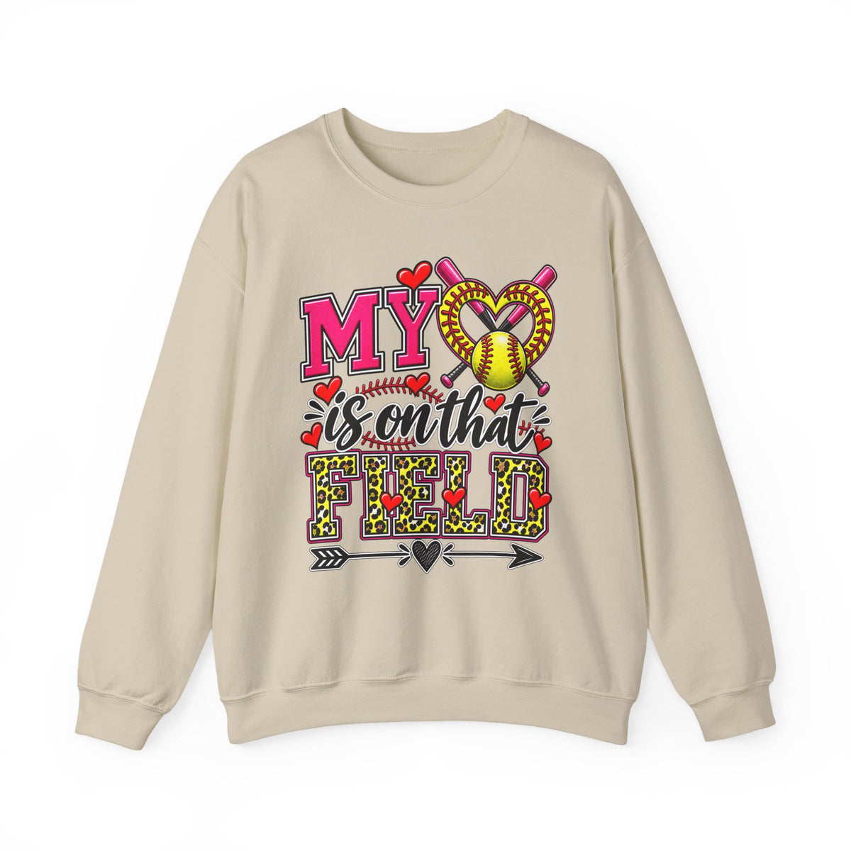Sand crewneck sweatshirt with colorful “My Heart” softball graphic on front
