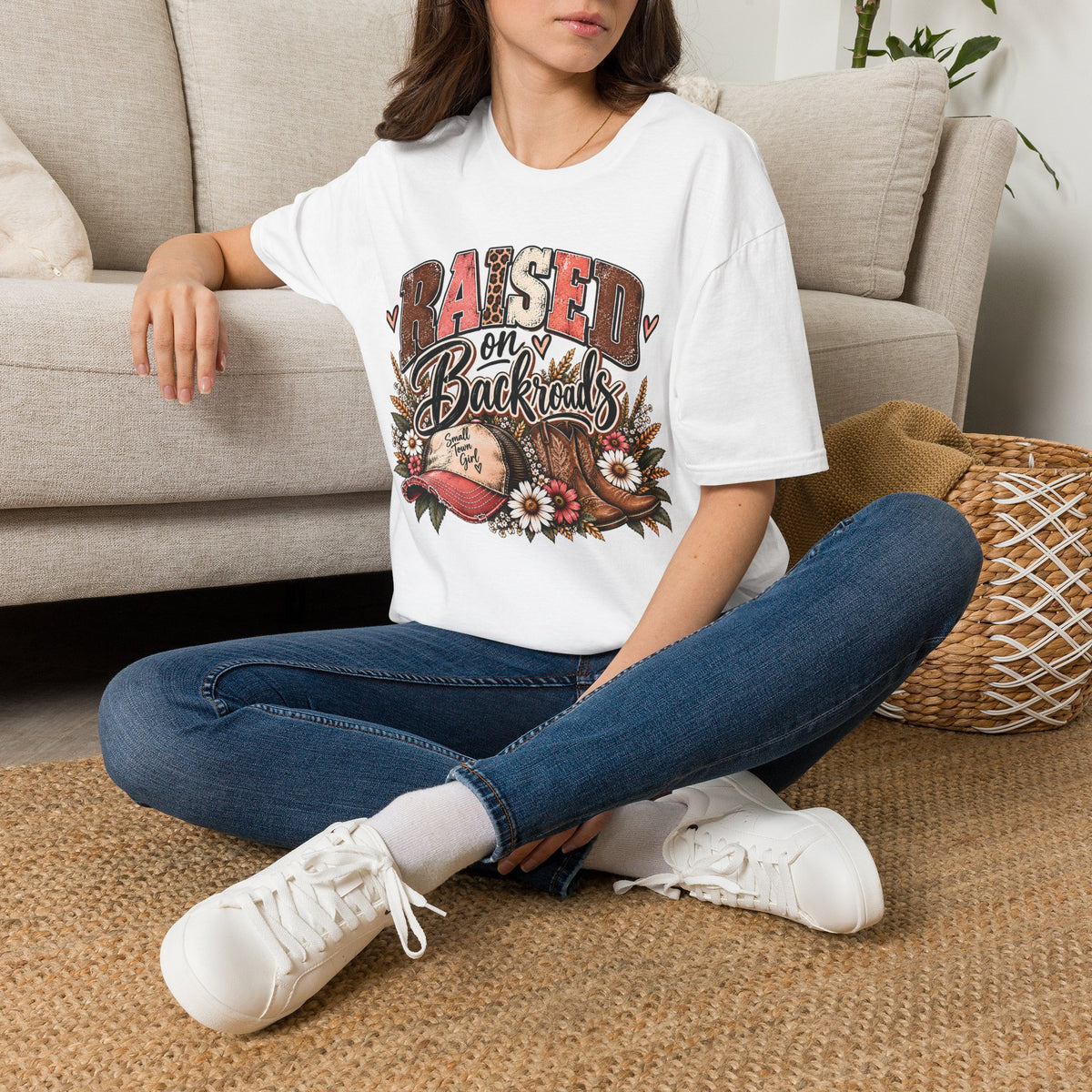 White crewneck T-shirt with country truck and daisy graphic on model
