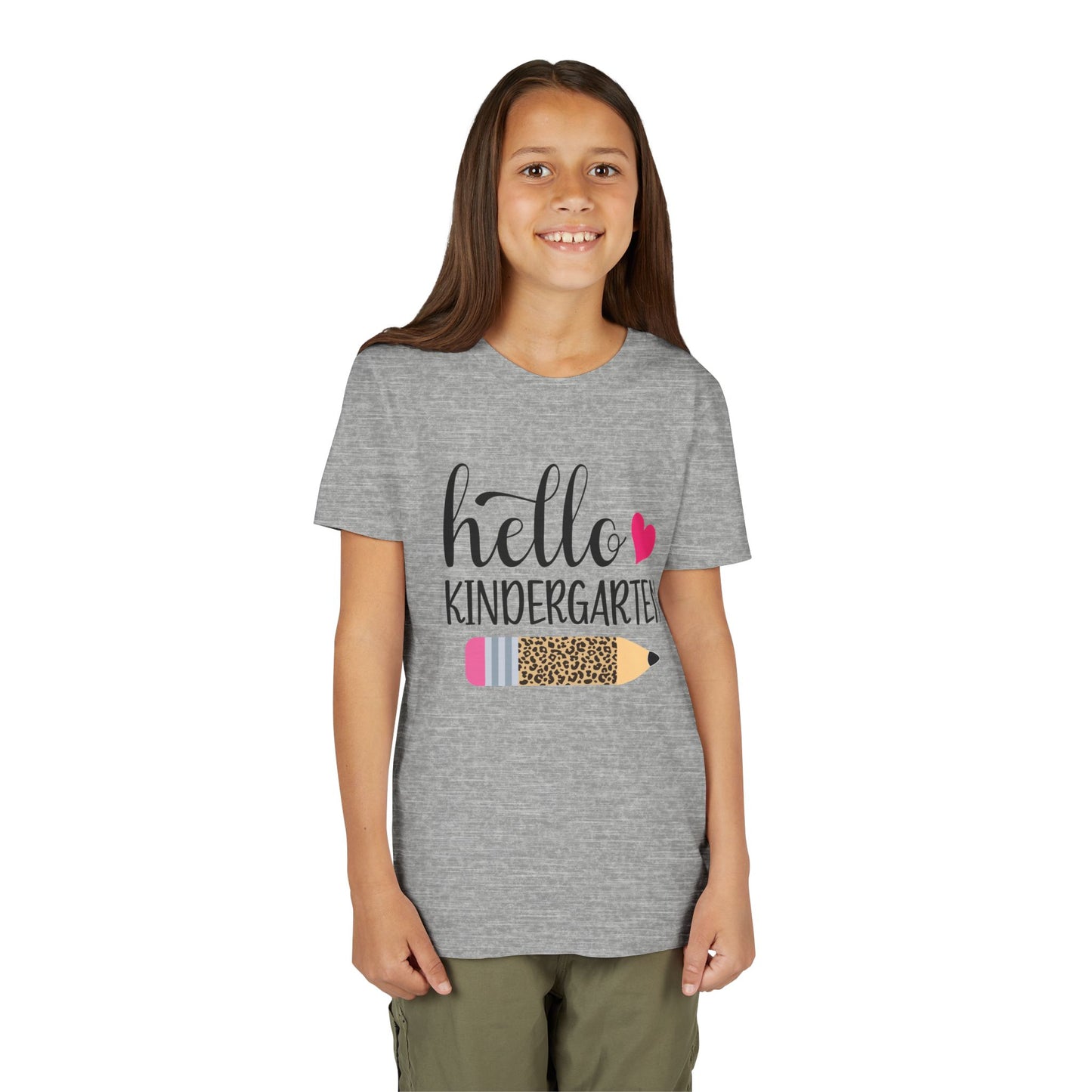 Youth T-shirt, heather gray with “hello kindergarten” graphic and pink heart