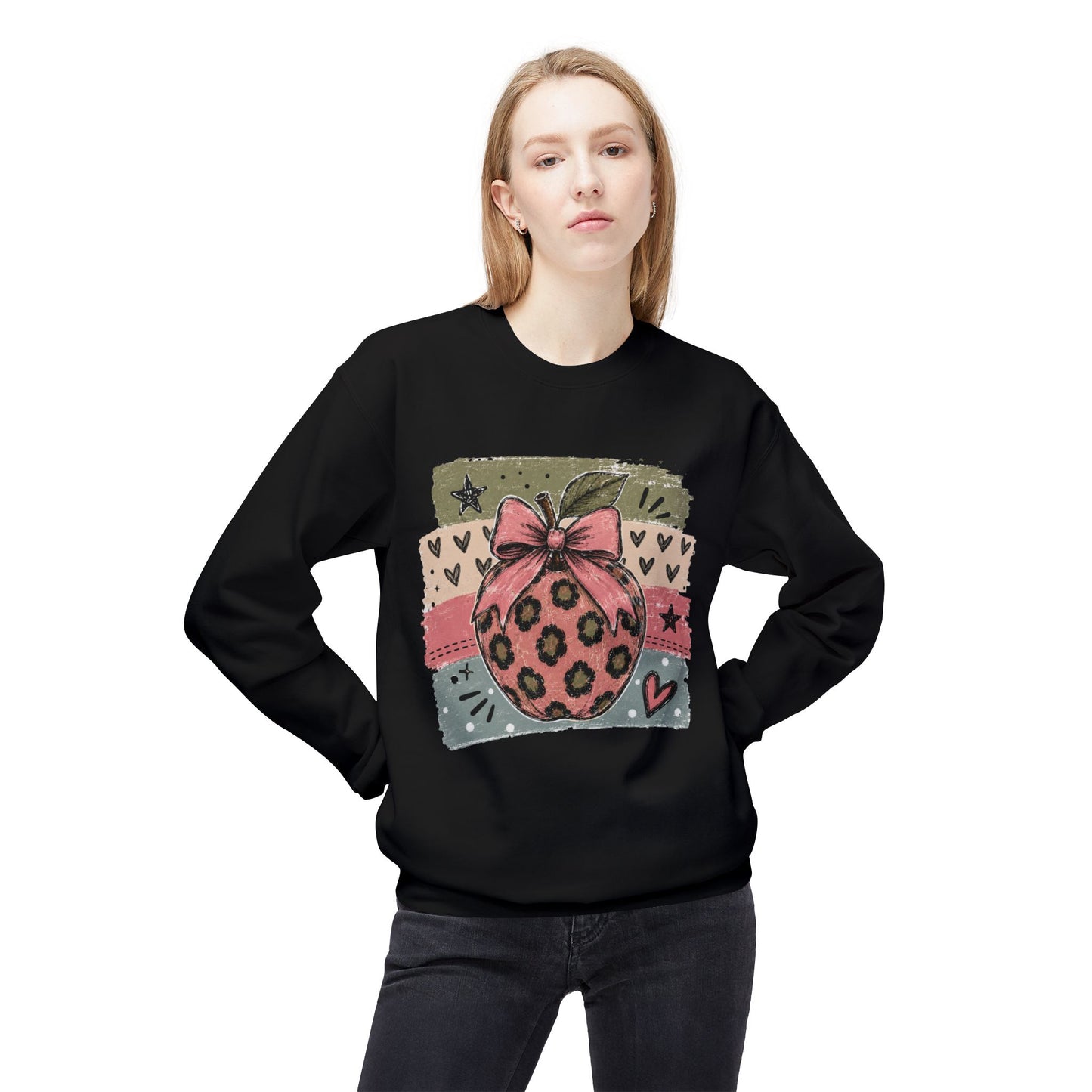 Black sweatshirt worn by model, featuring front leopard ornament with pink bow graphic.