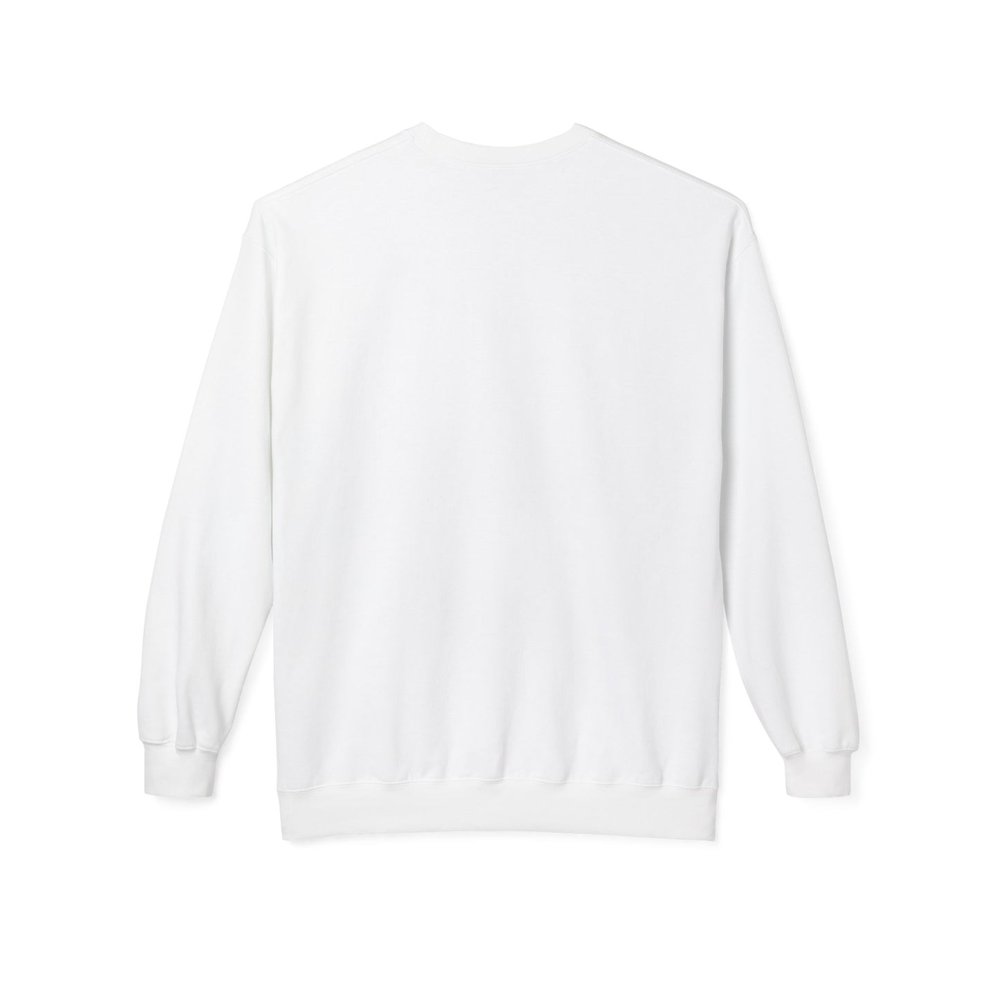 White sweatshirt back view with plain fabric, no front graphic visible.