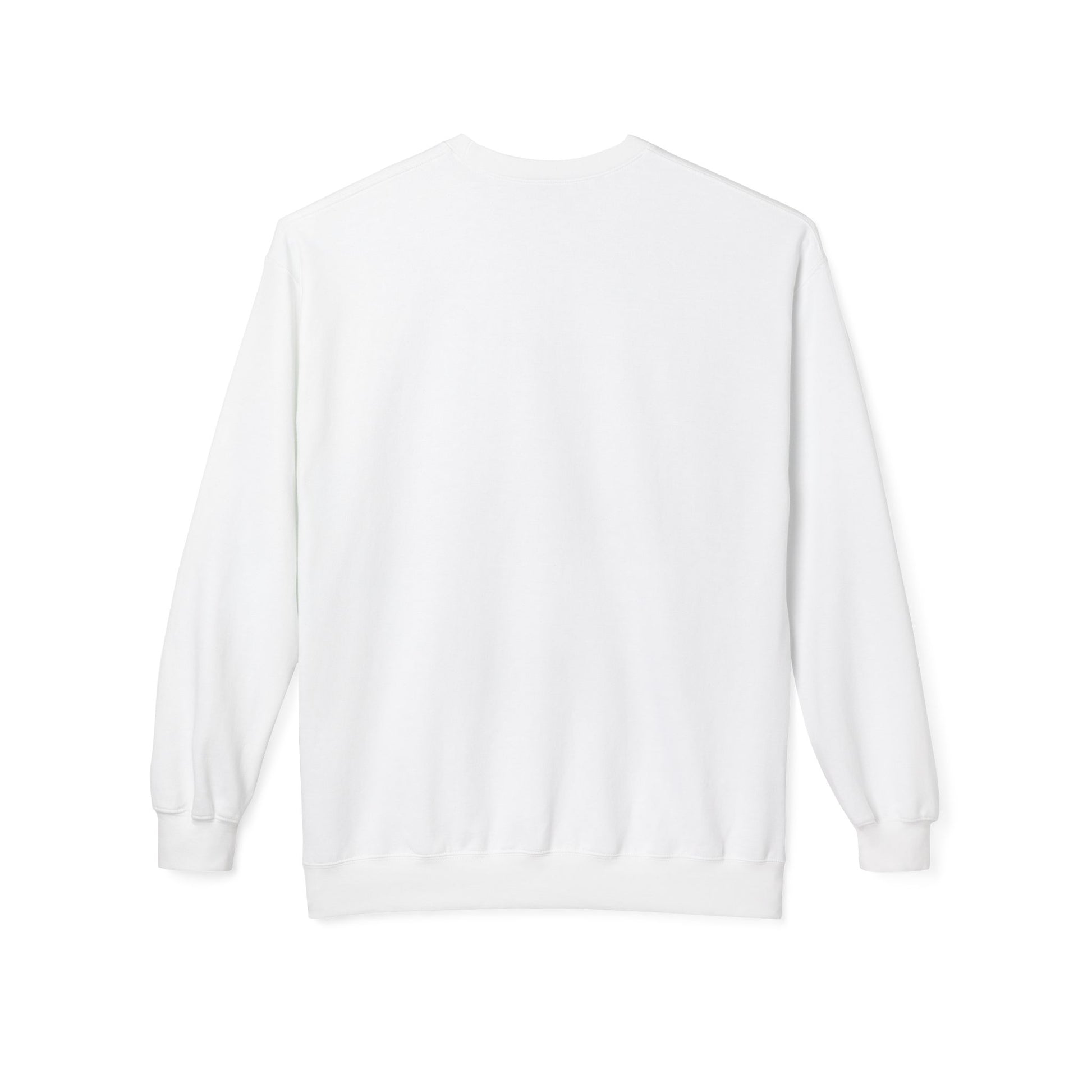 White sweatshirt back view with plain fabric, no front graphic visible.