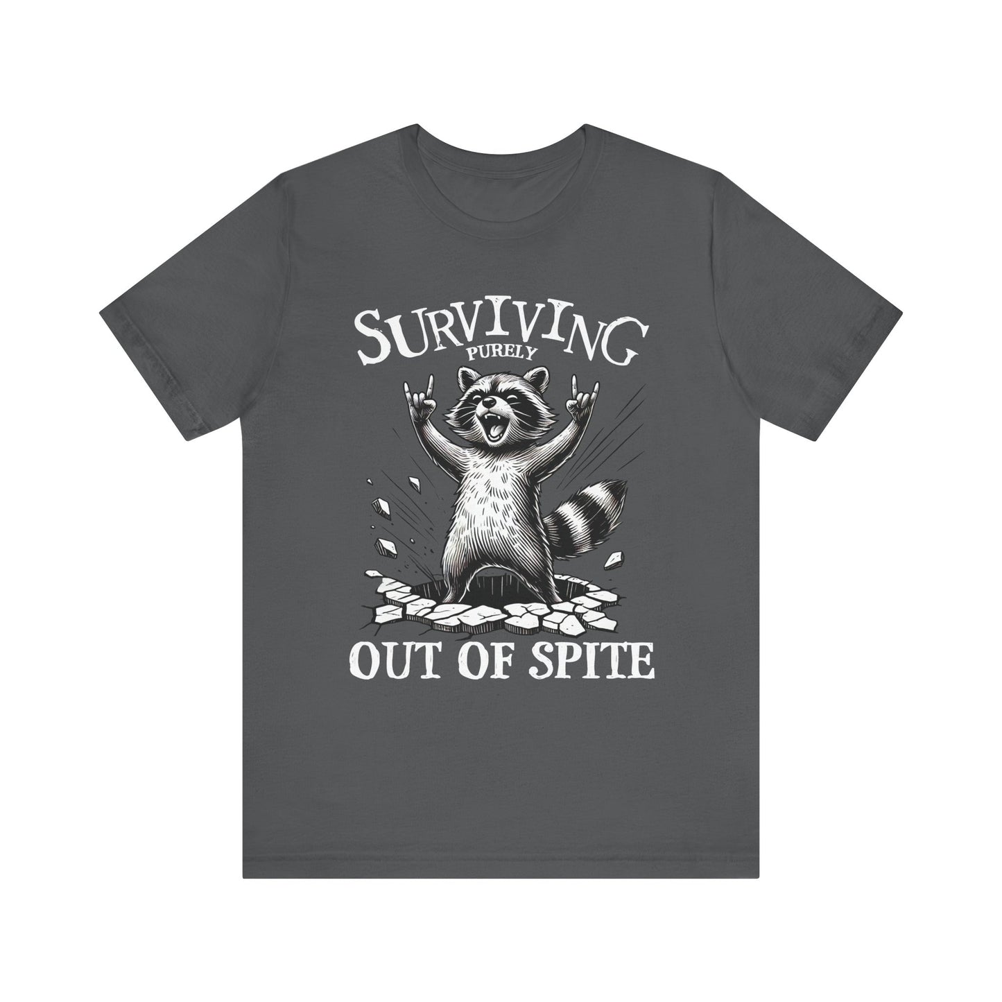 Dark gray crew-neck t-shirt with raccoon graphic and 'Surviving Out of Spite' text