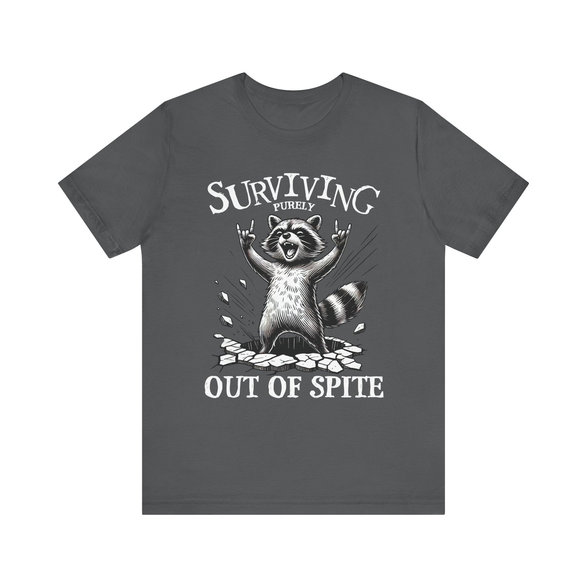 Dark gray crew-neck t-shirt with raccoon graphic and 'Surviving Out of Spite' text
