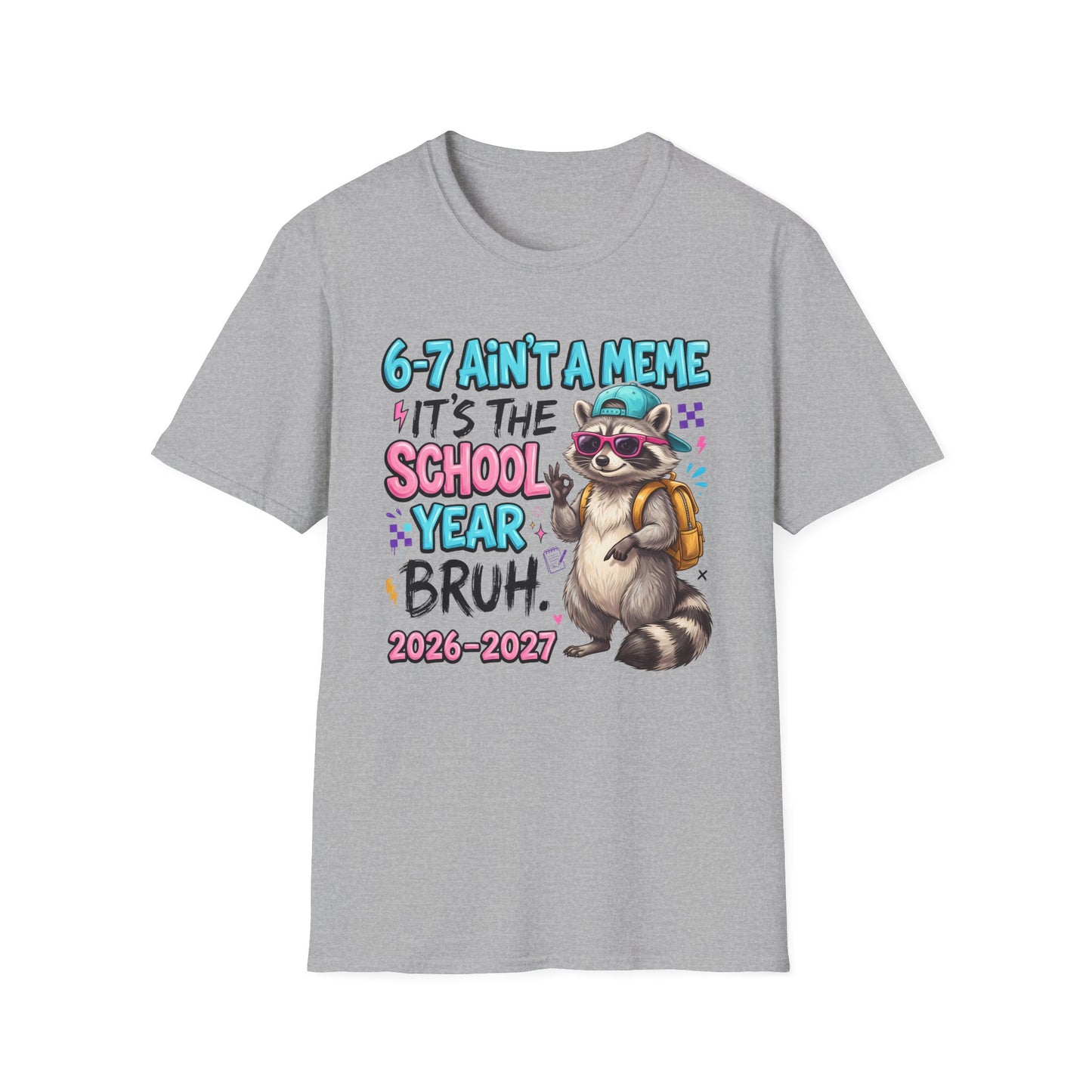 Sport grey crewneck T-shirt with colorful raccoon school year graphic on front