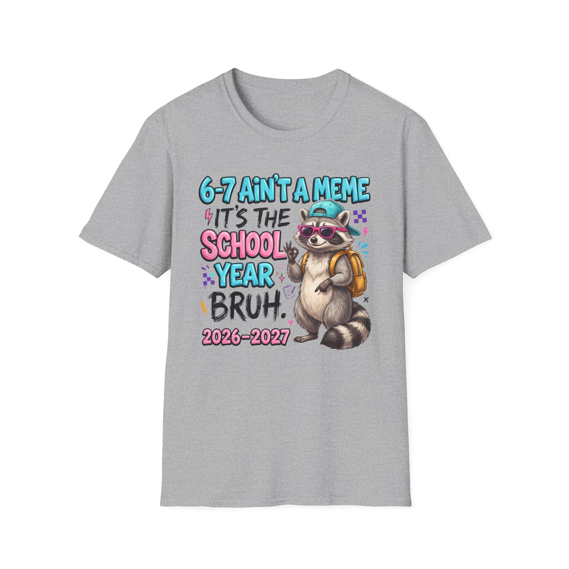 Sport grey crewneck T-shirt with colorful raccoon school year graphic on front