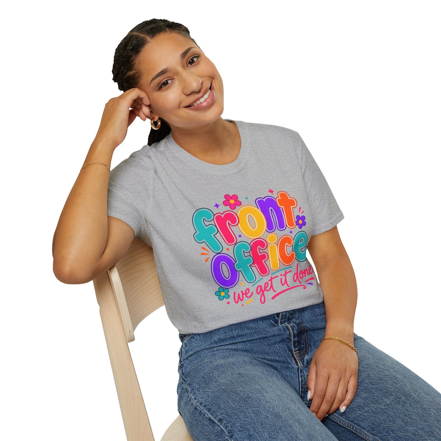 Heather grey T-shirt on model with colorful “front office” floral text graphic