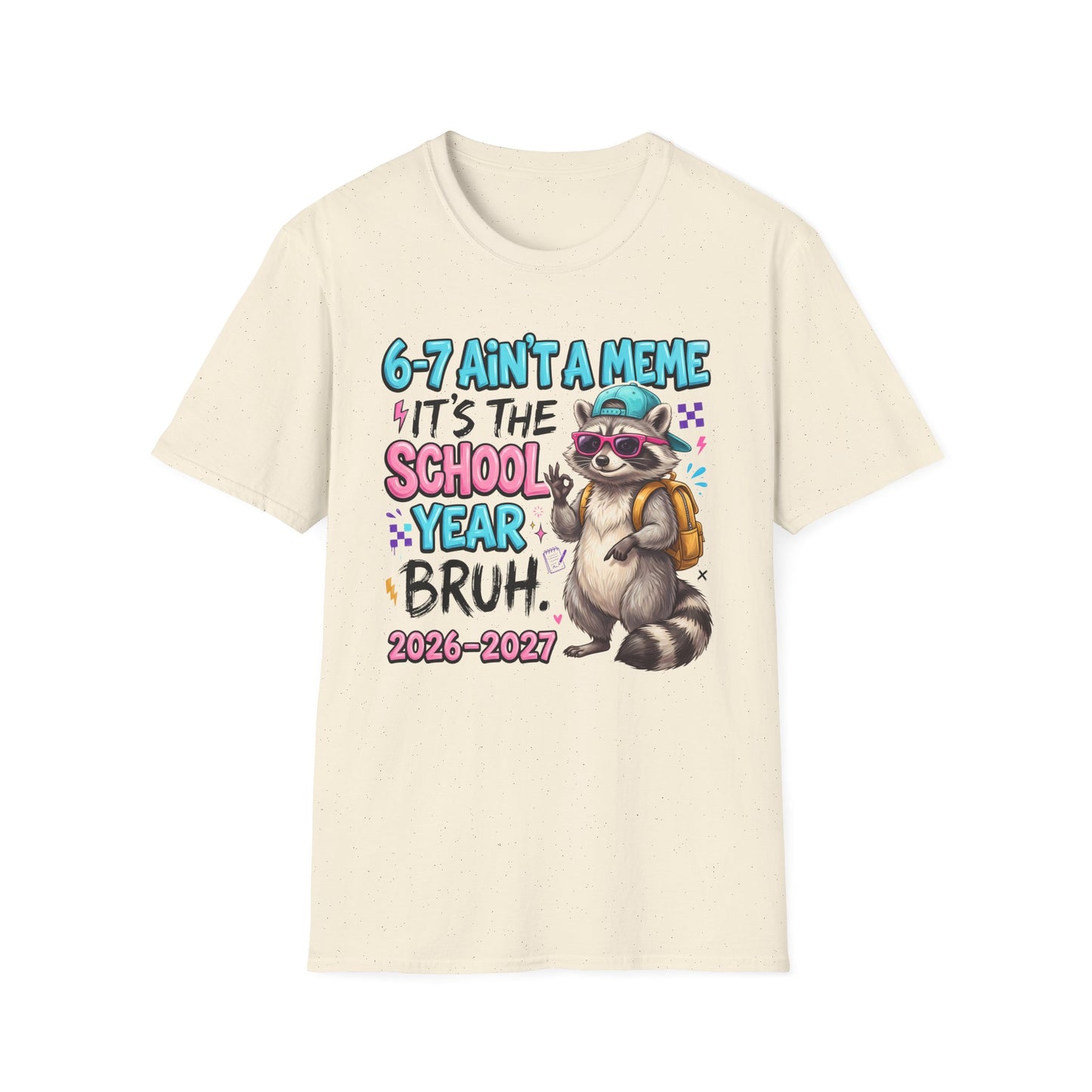 Natural color crewneck T-shirt with colorful raccoon school year graphic on front