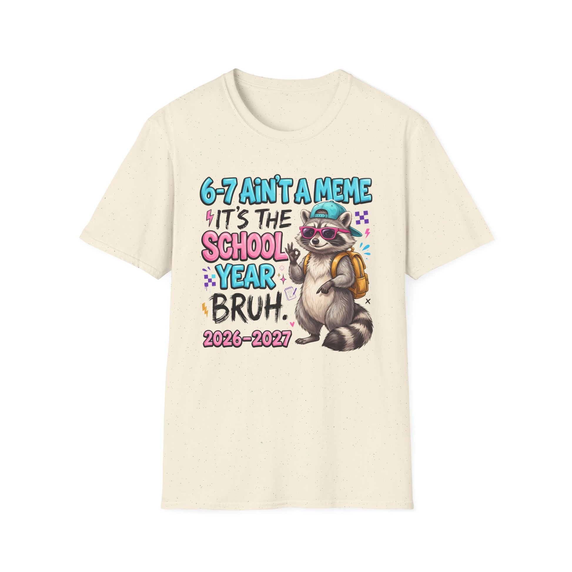 Natural color crewneck T-shirt with colorful raccoon school year graphic on front