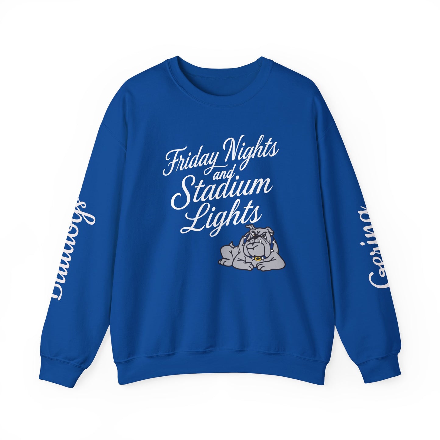 Royal blue crewneck sweatshirt with “Friday Nights and Stadium Lights” graphic and bulldog emblem