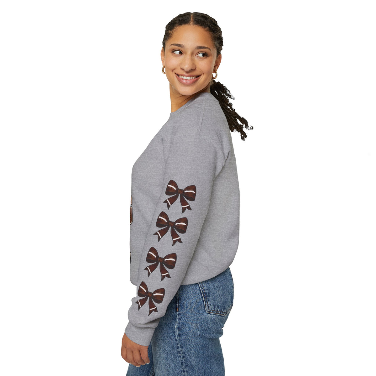 Sport grey crewneck sweatshirt, side view with football mask bow print on sleeve