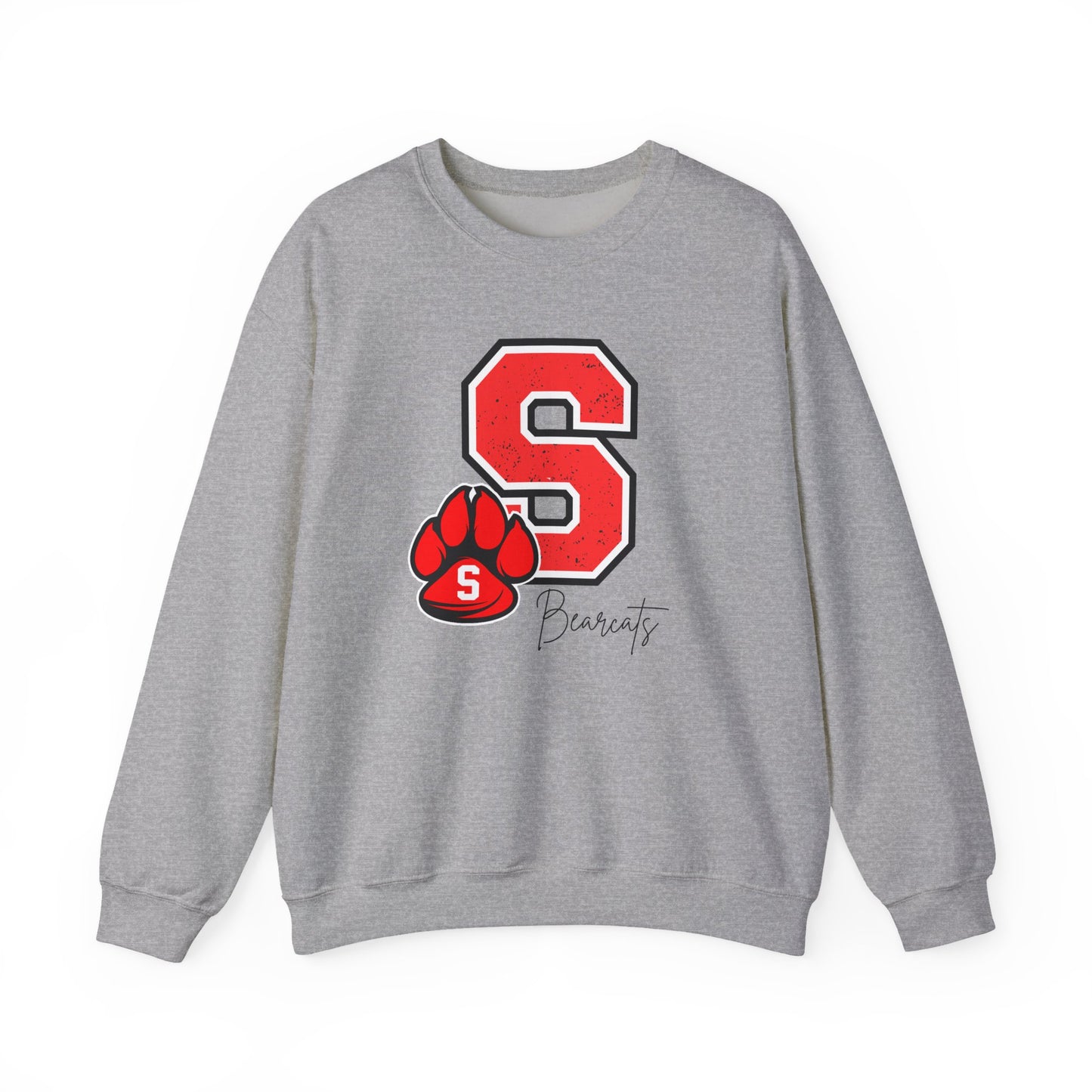 Sport grey crewneck sweatshirt with red S paw graphic and Bearcats logo on front