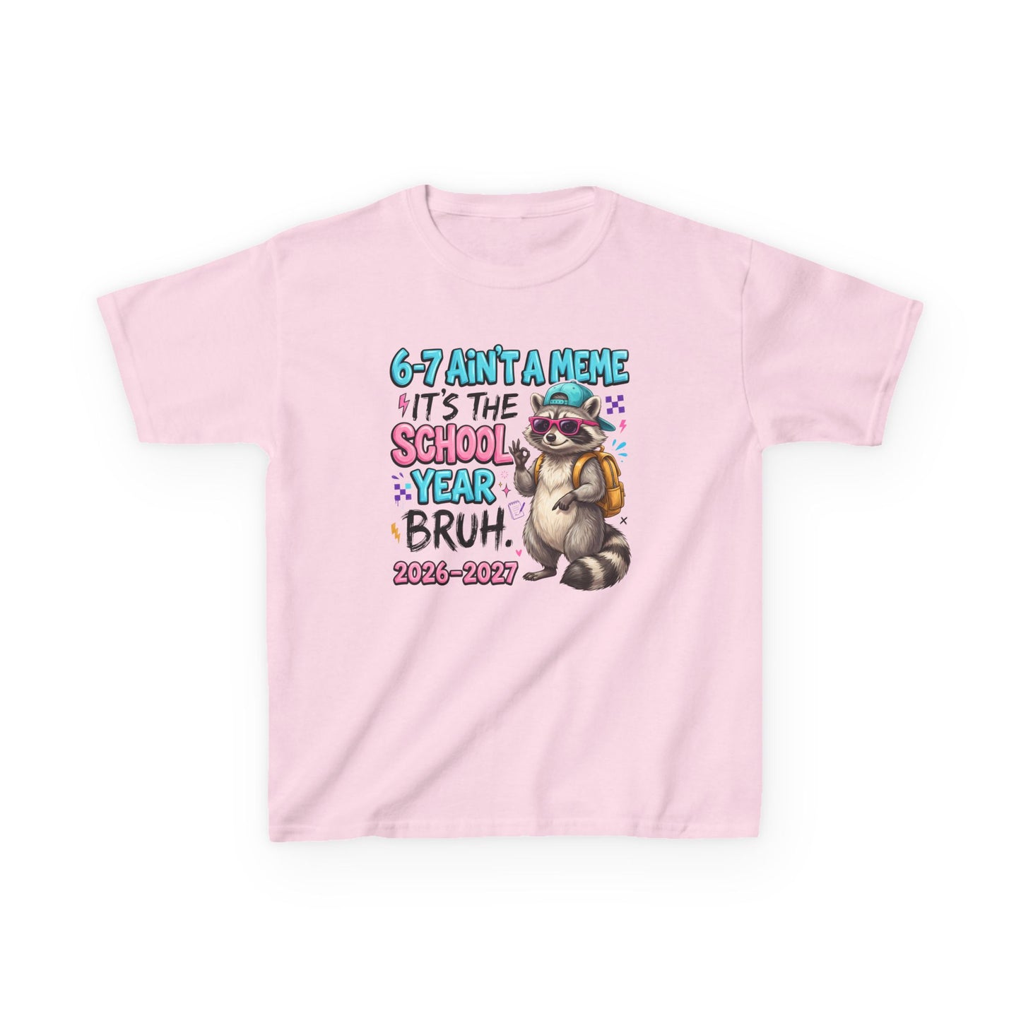 Light pink kids graphic T-shirt with colorful raccoon backpack meme print, short sleeves
