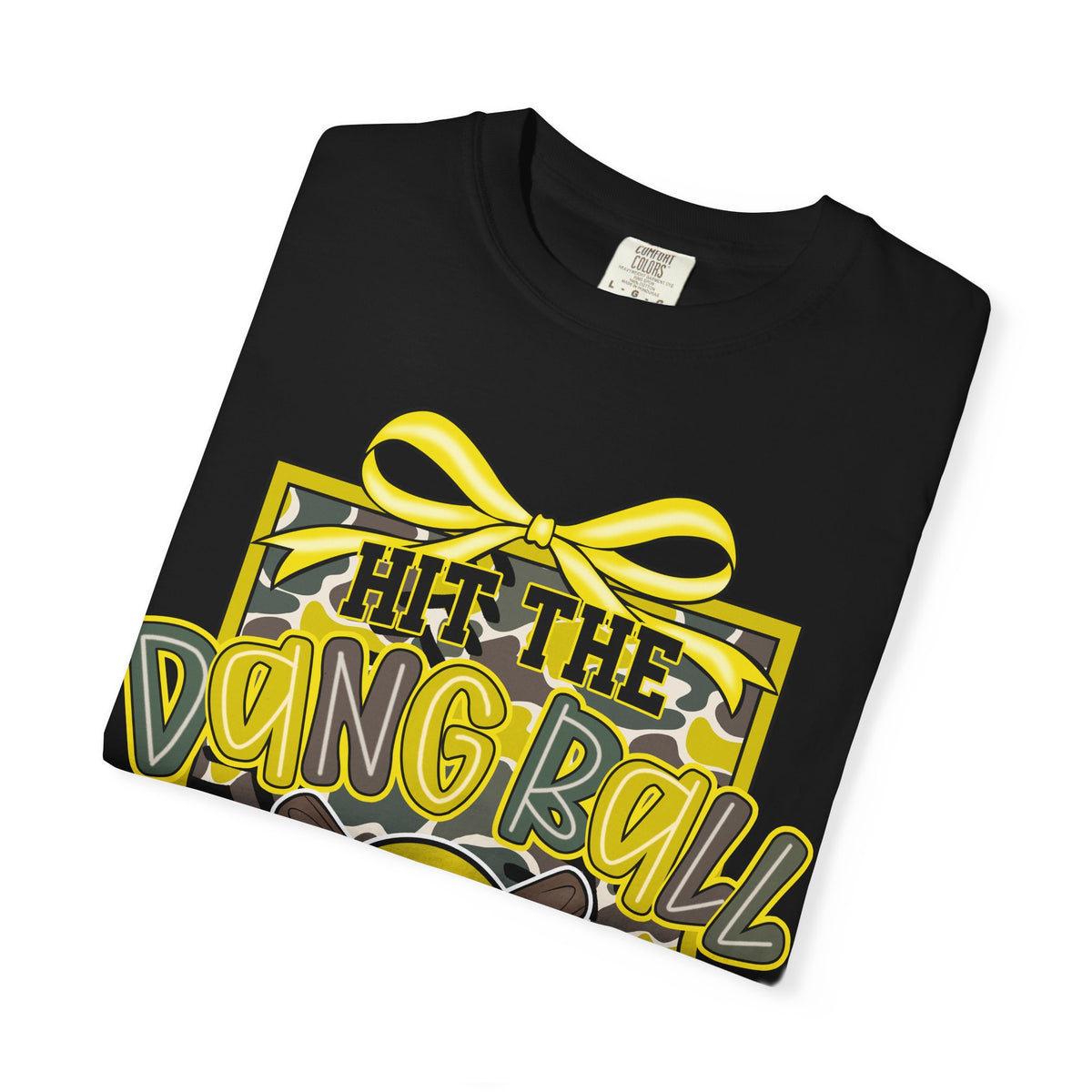 Black softball graphic tee angled view with yellow bow and 'Hit the Dang Ball' print