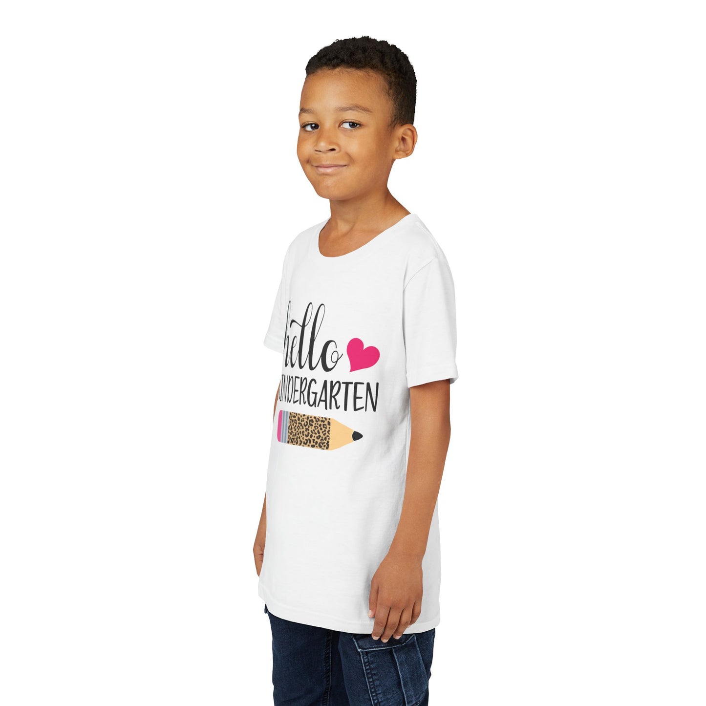 White youth T-shirt on child model with 'Hello Kindergarten' pink heart pencil graphic