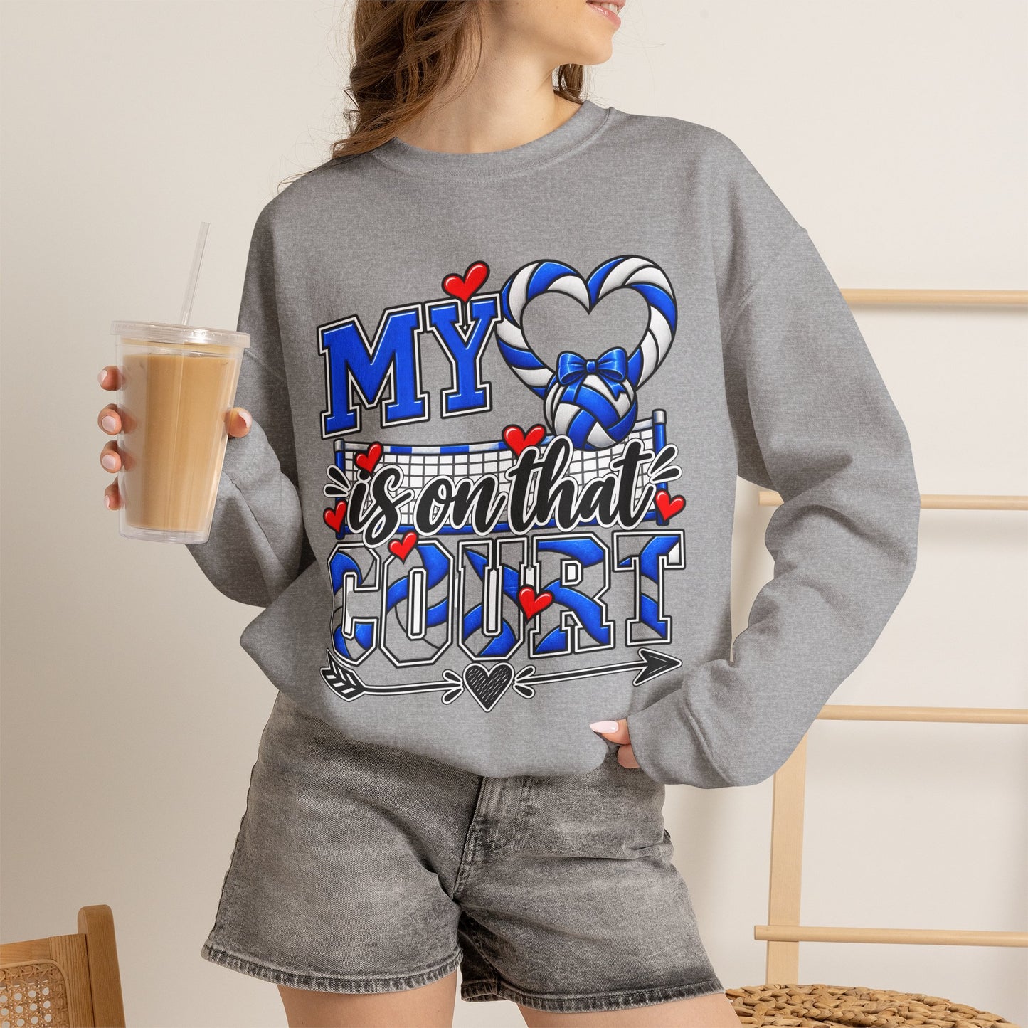 Sport grey crewneck sweatshirt with blue volleyball heart “court” graphic on front