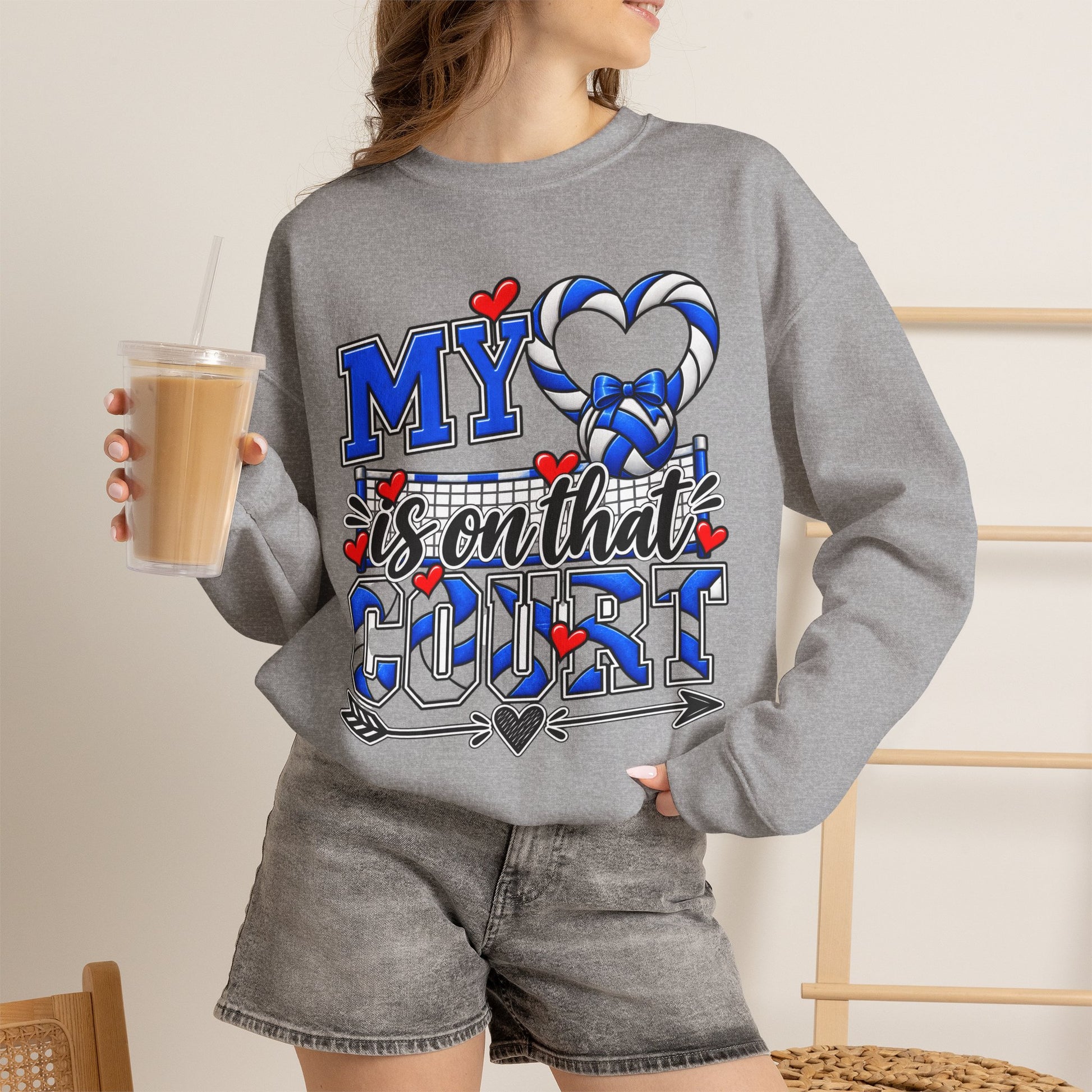 Sport grey crewneck sweatshirt with blue volleyball heart “court” graphic on front