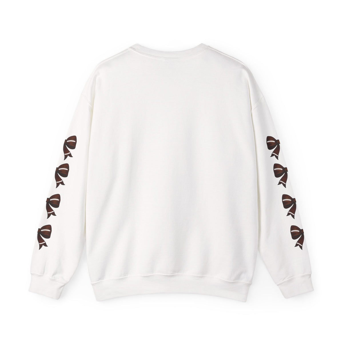 White crewneck sweatshirt back view with ribbon bow sleeve print