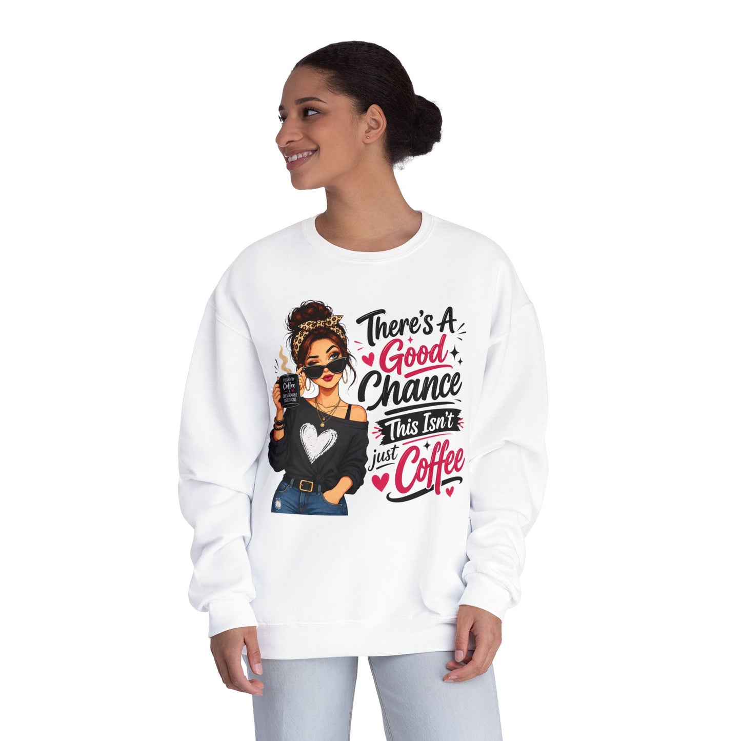 White crewneck sweatshirt with woman holding coffee graphic and slogan, worn