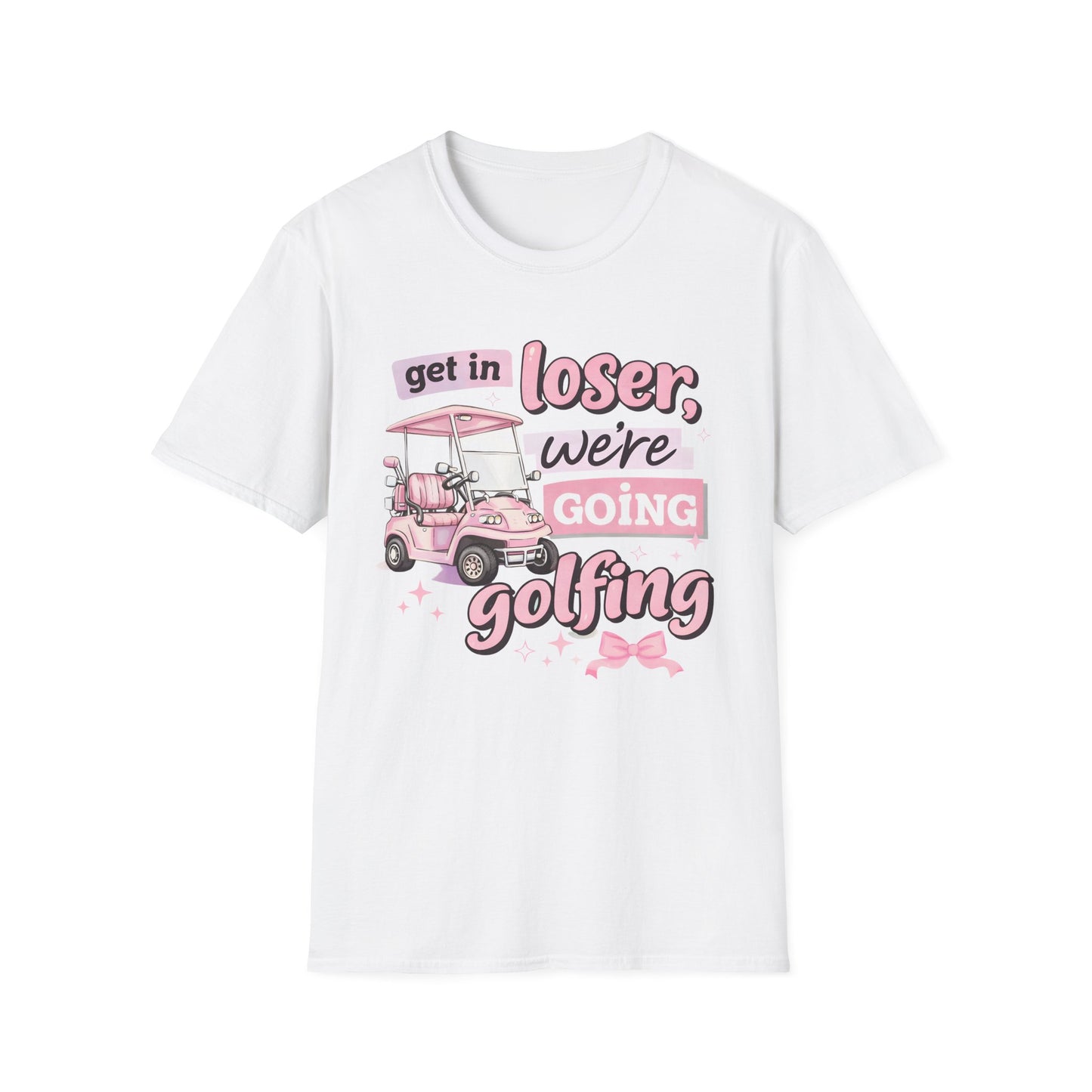 White golfing graphic T-shirt with pink “get in loser” and cart design on front