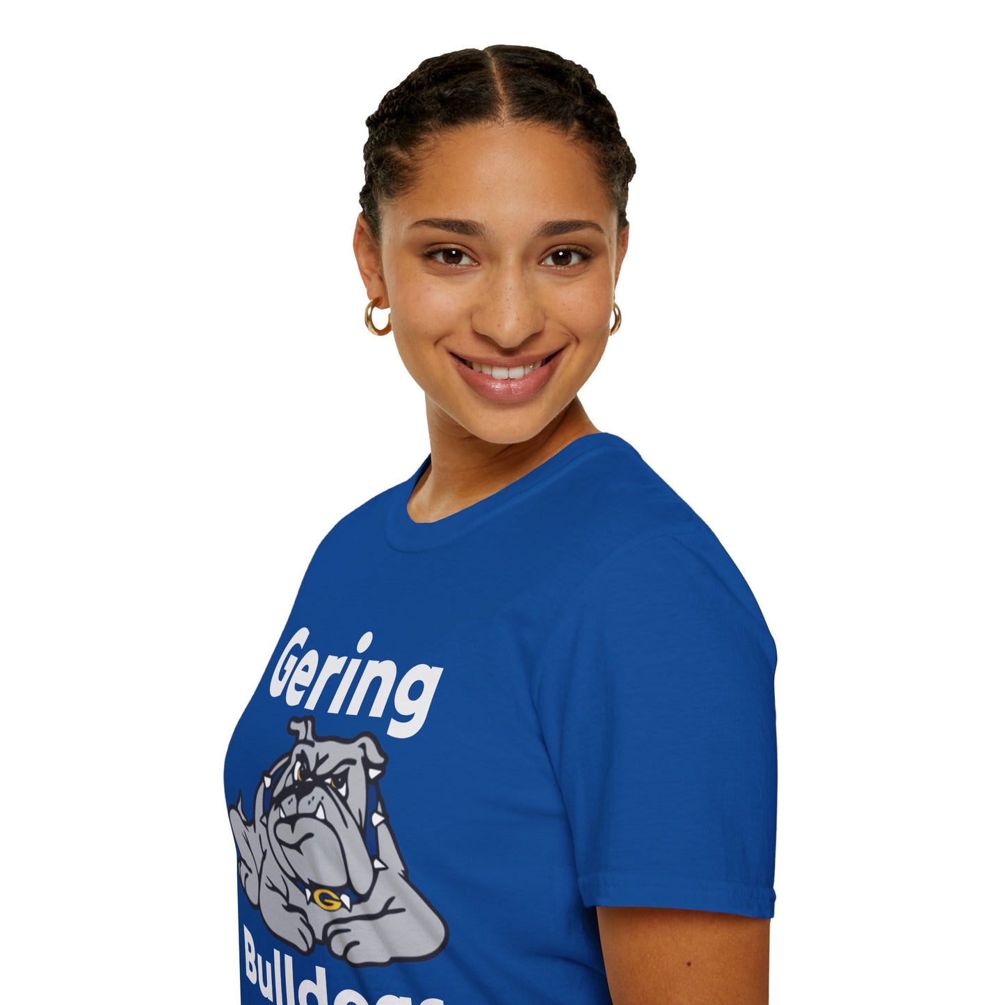 Royal blue t-shirt with bulldog mascot graphic and Gering text on front, crew neck
