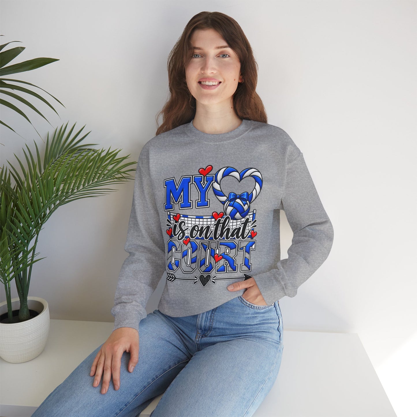 Sport grey crewneck sweatshirt with blue volleyball heart graphic on front panel