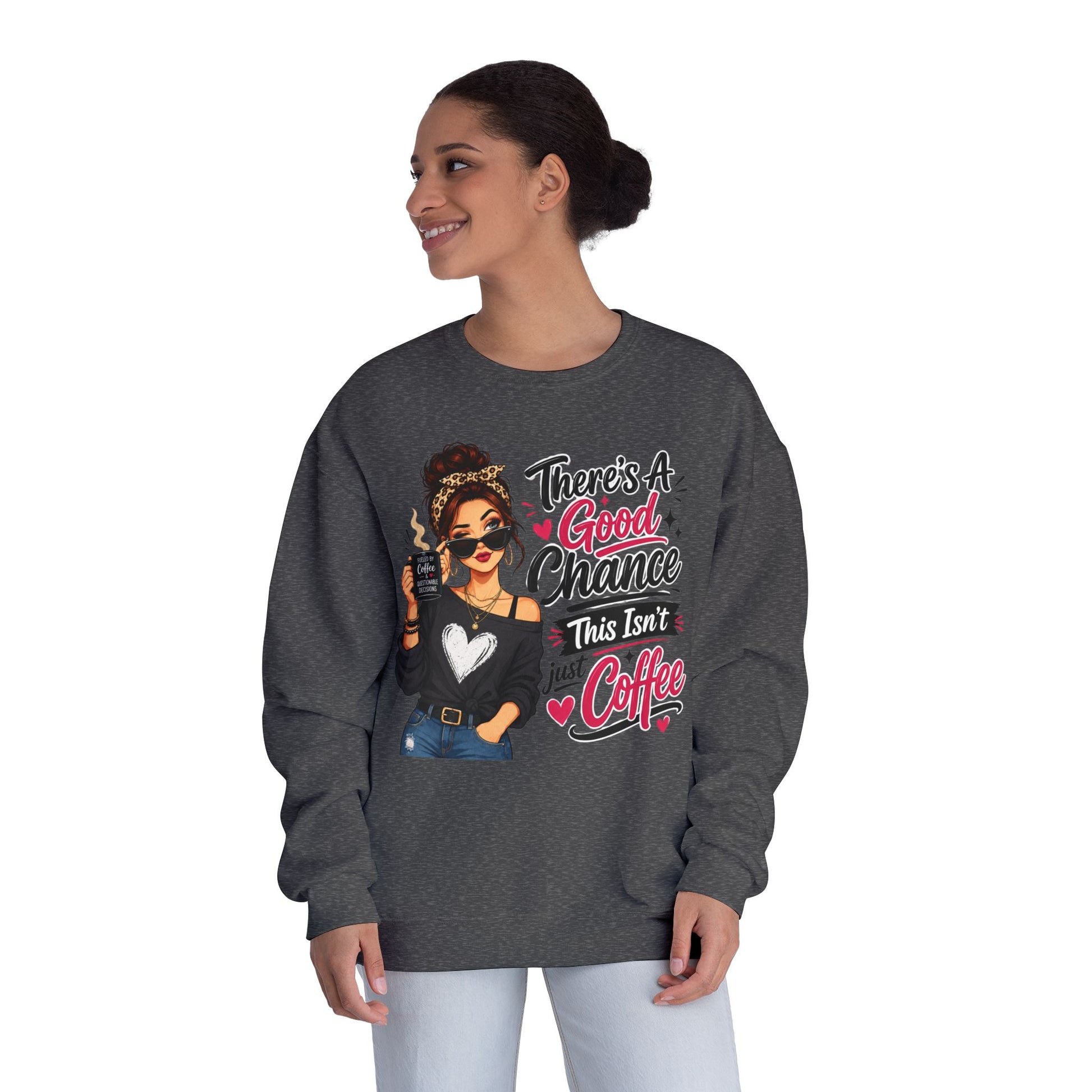 Dark heather crewneck sweatshirt with woman holding coffee graphic and slogan, worn