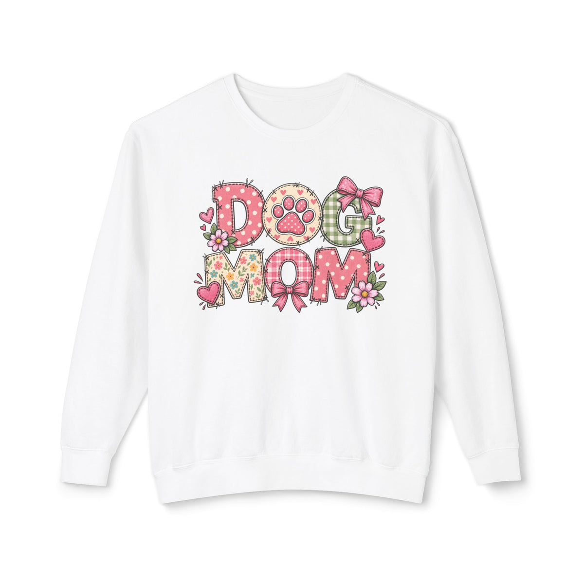 White crewneck sweatshirt with colorful floral paw “Dog Mom” graphic