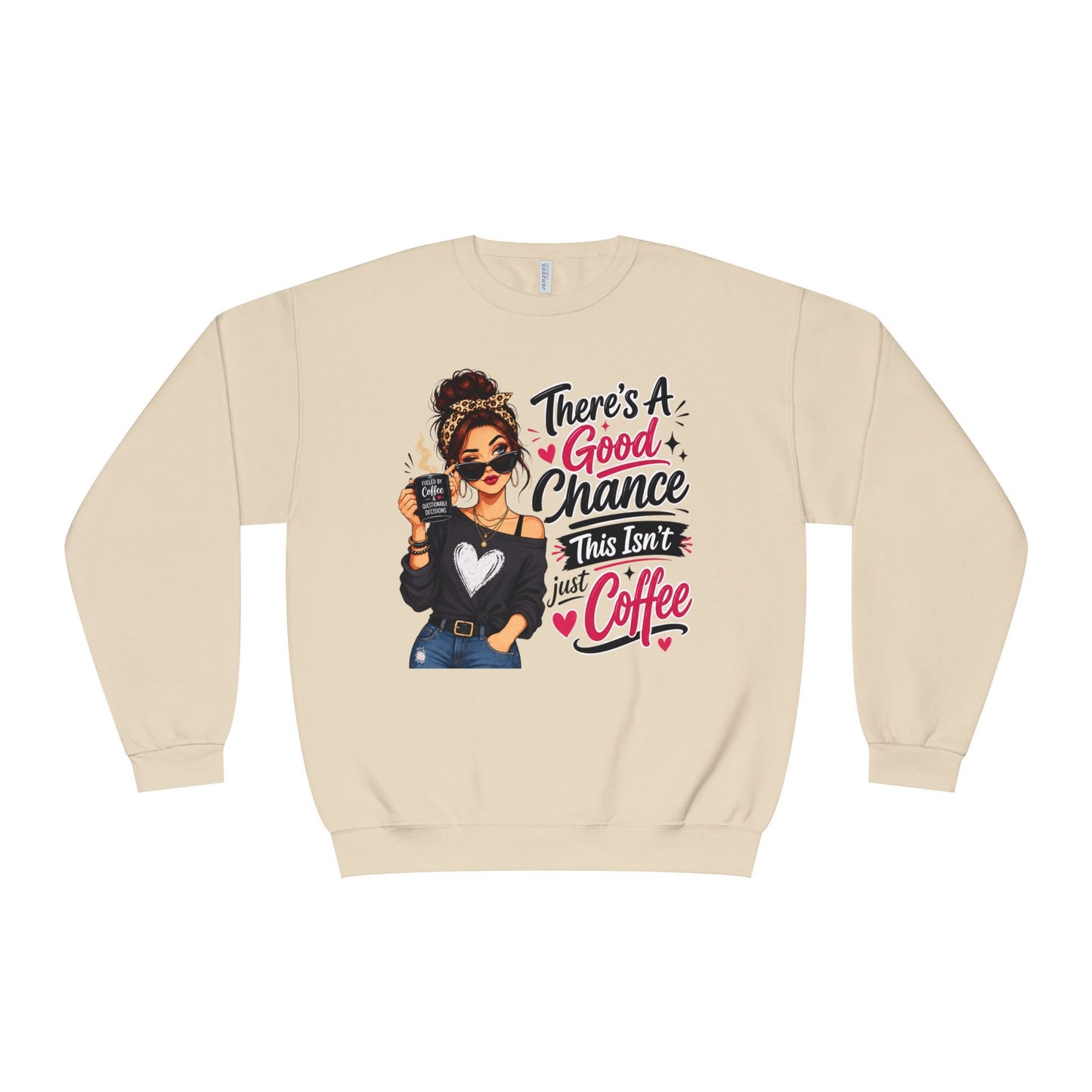 Beige crewneck sweatshirt with woman holding coffee graphic and slogan