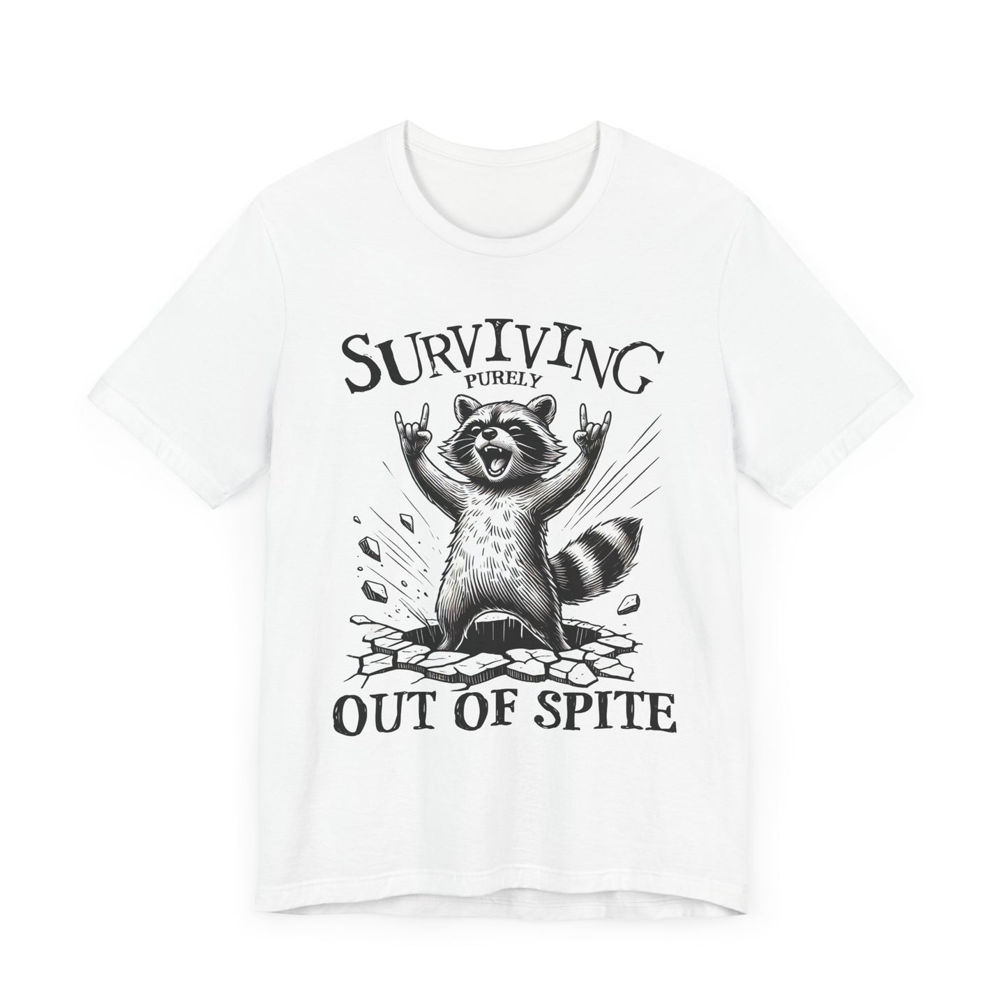 White unisex raccoon slogan tee with raised-arms raccoon illustration on front