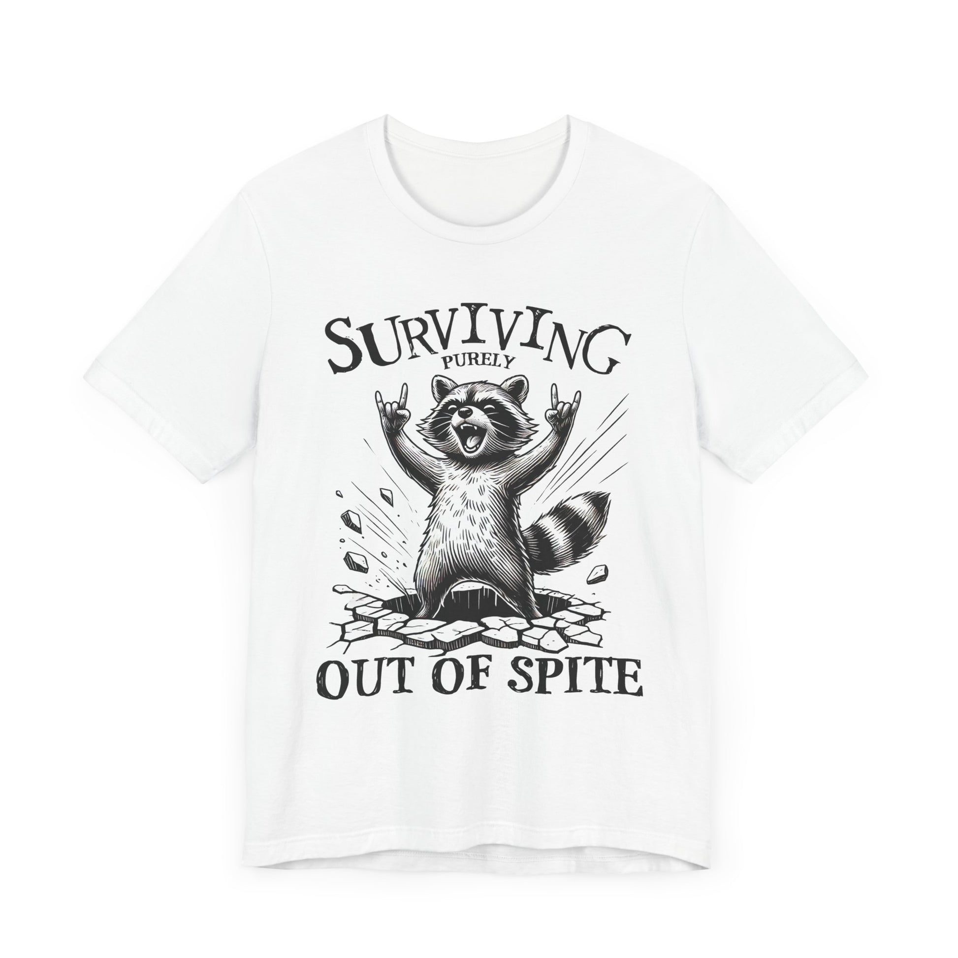 White unisex raccoon slogan tee with raised-arms raccoon illustration on front