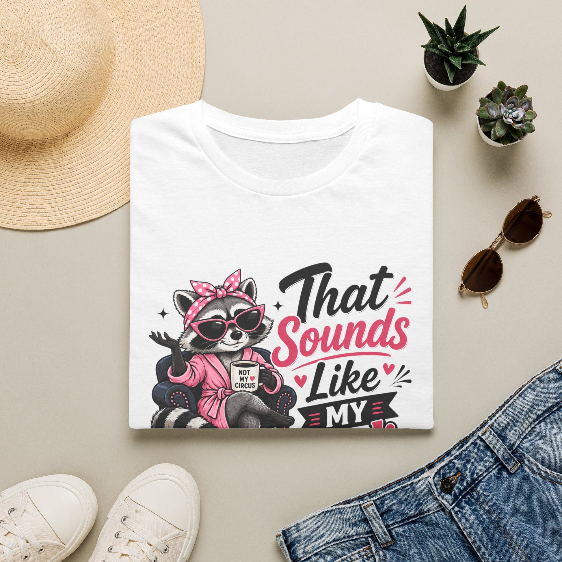 White crew-neck T-shirt featuring a colorful raccoon 'That Sounds Like My Husband's Problem' design