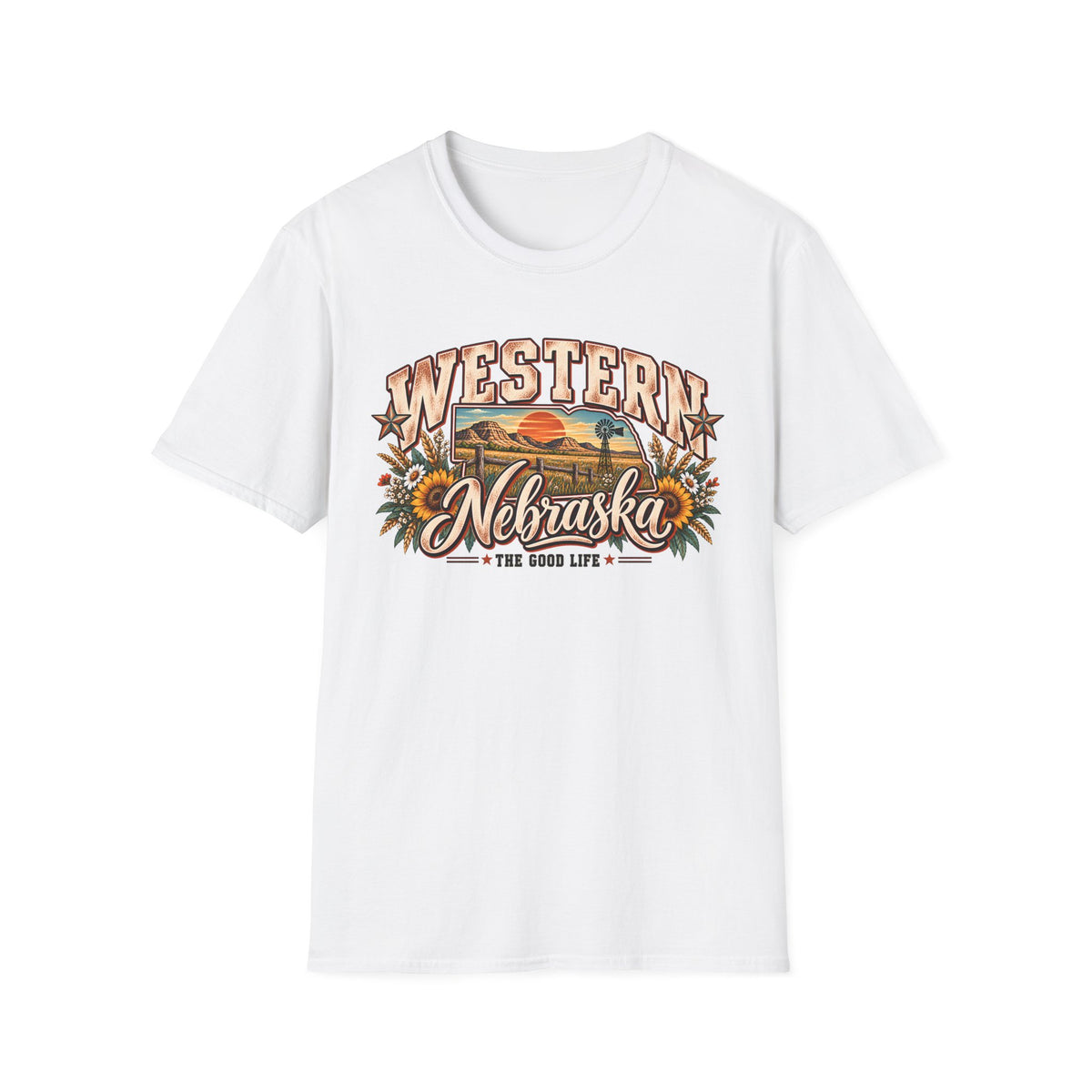 Western Nebraska pride T-shirt, white crewneck with colorful vintage “WESTERN Nebraska” graphic