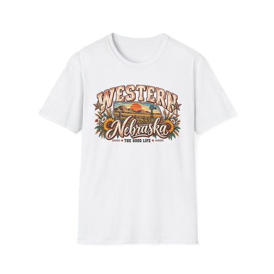 Western Nebraska pride T-shirt, white crewneck with colorful vintage “WESTERN Nebraska” graphic