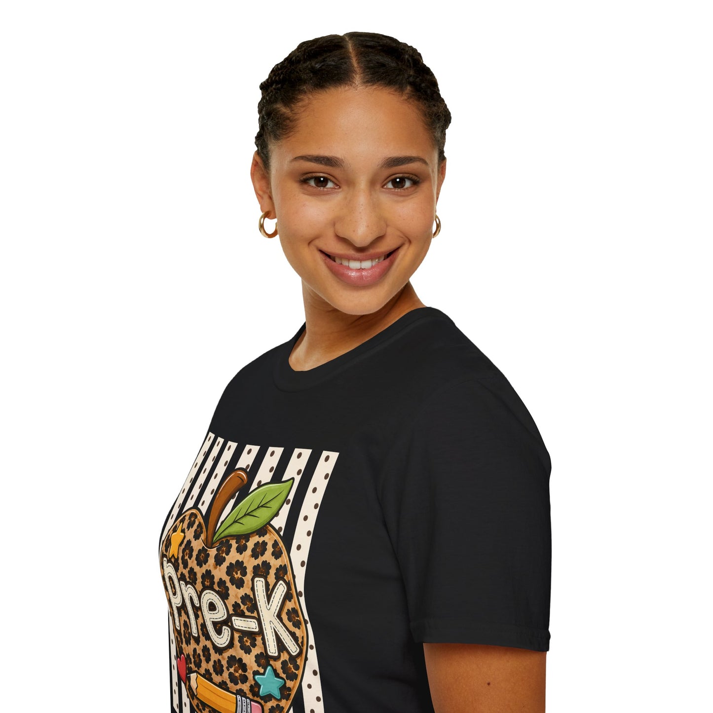 Black preschool T-shirt with leopard-print apple “Pre-K” graphic, side view