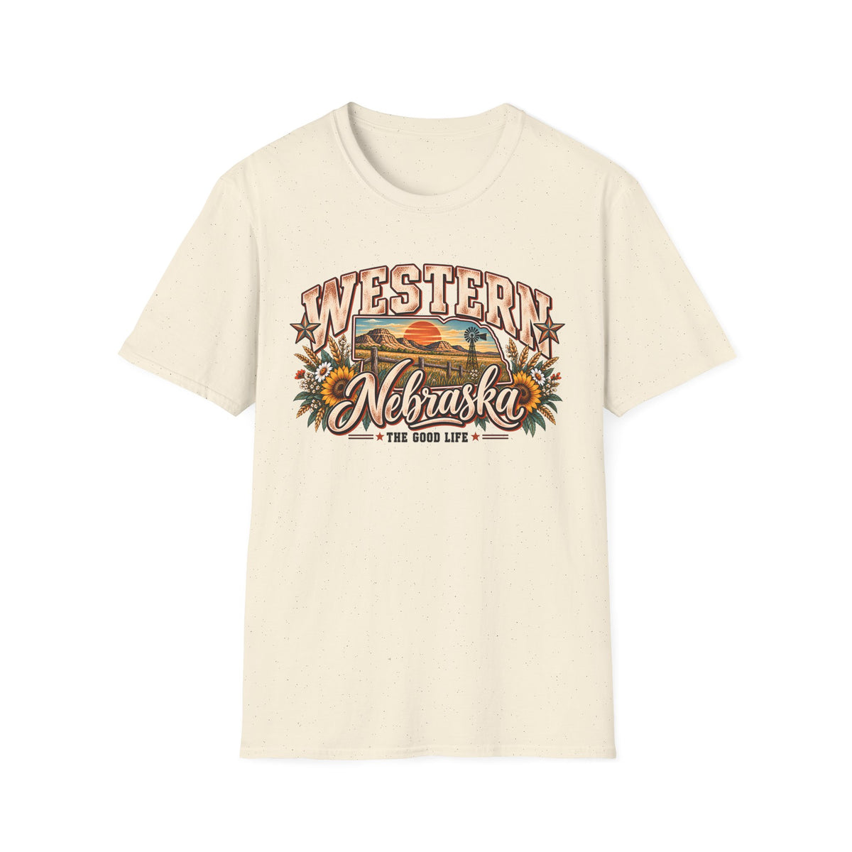 Western Nebraska pride T-shirt, natural crewneck with colorful vintage “WESTERN Nebraska” graphic