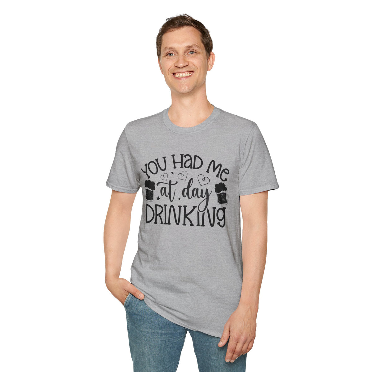Sport grey T-shirt on model, “You Had Me at Day Drinking” drink graphic on chest